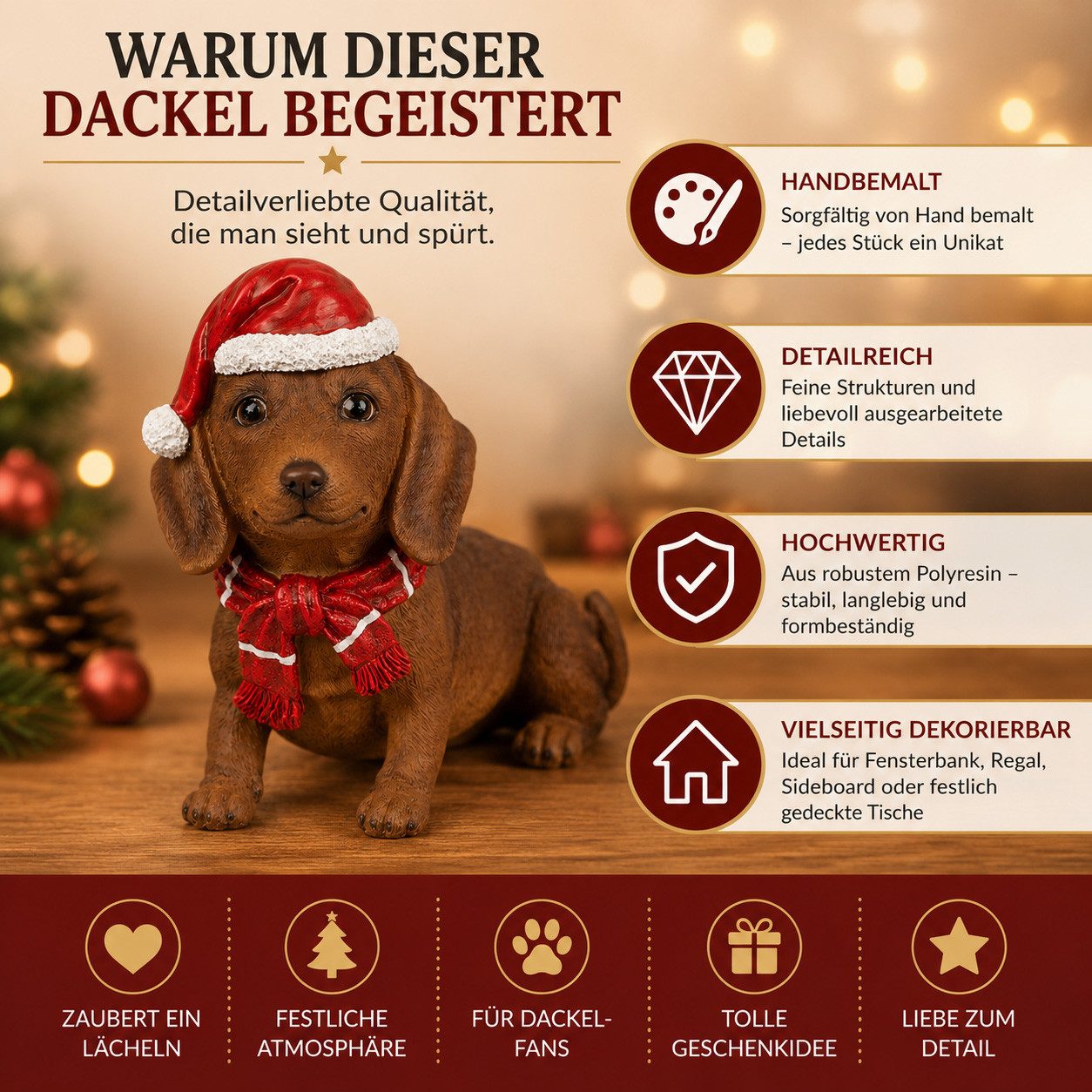 formano Dekofigur Weihnachts-Dackel Dekofigur mit Mütze & Schal 28 x 23 x 13 cm – Bild 3 von 5
