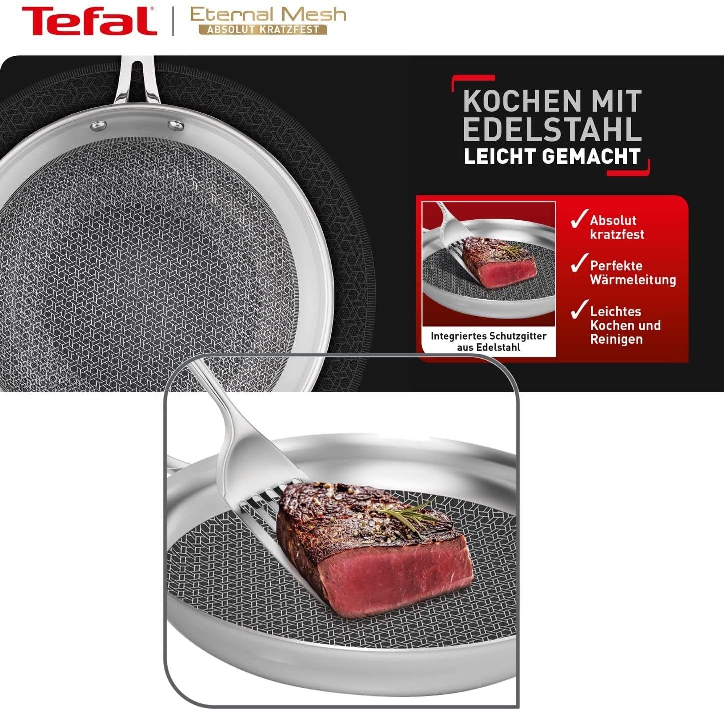 Antihaft Schutzgitter, Pfannenwender, + 28cm Pfannen-Set Pfanne Edelstahl Antihaftbeschichtung, mit Deckel Mesh MESH, Pfanne ETERNAL kratzfeste Edelstahl 24 + Tefal Ingenio Wok + 28cm (5-tlg),