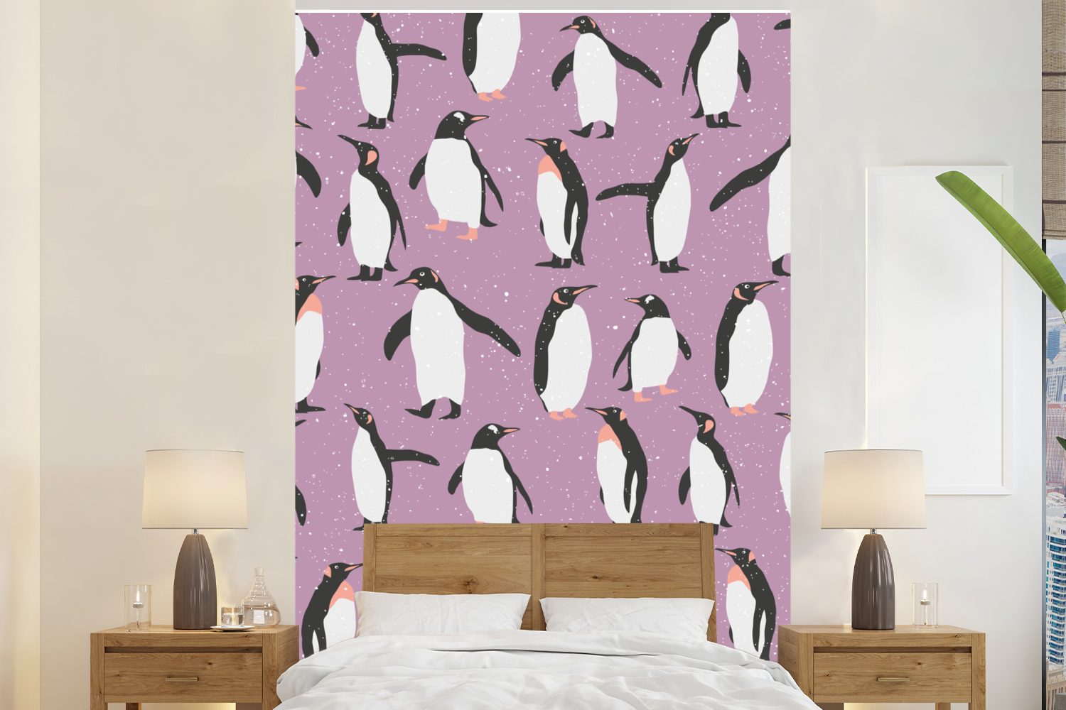 MuchoWow Fototapete Pinguin - Muster - Lila, Matt, bedruckt, (3 St), Montagefertig Vinyl Tapete für Wohnzimmer, Wandtapete