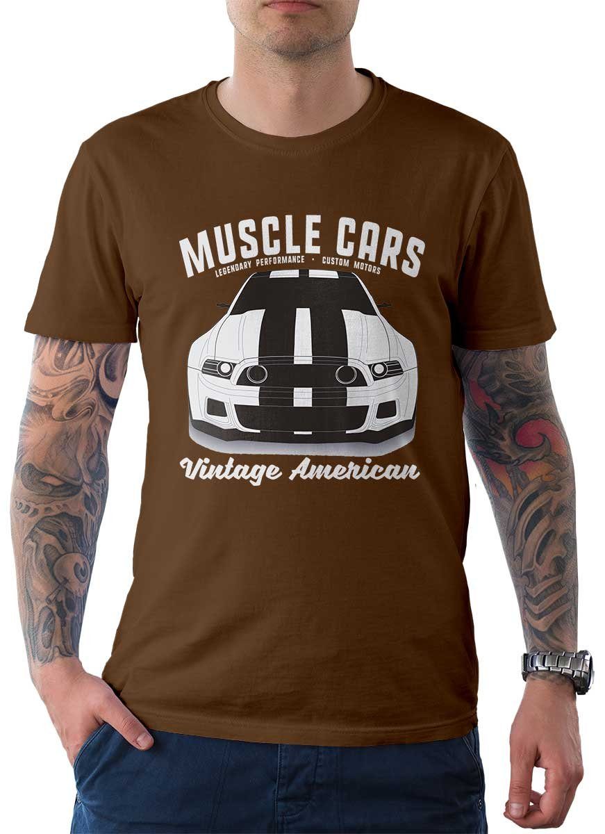 Rebel On Wheels T-Shirt Herren T-Shirt Tee Muscle Car Front mit Auto / US-Car Motiv Braun