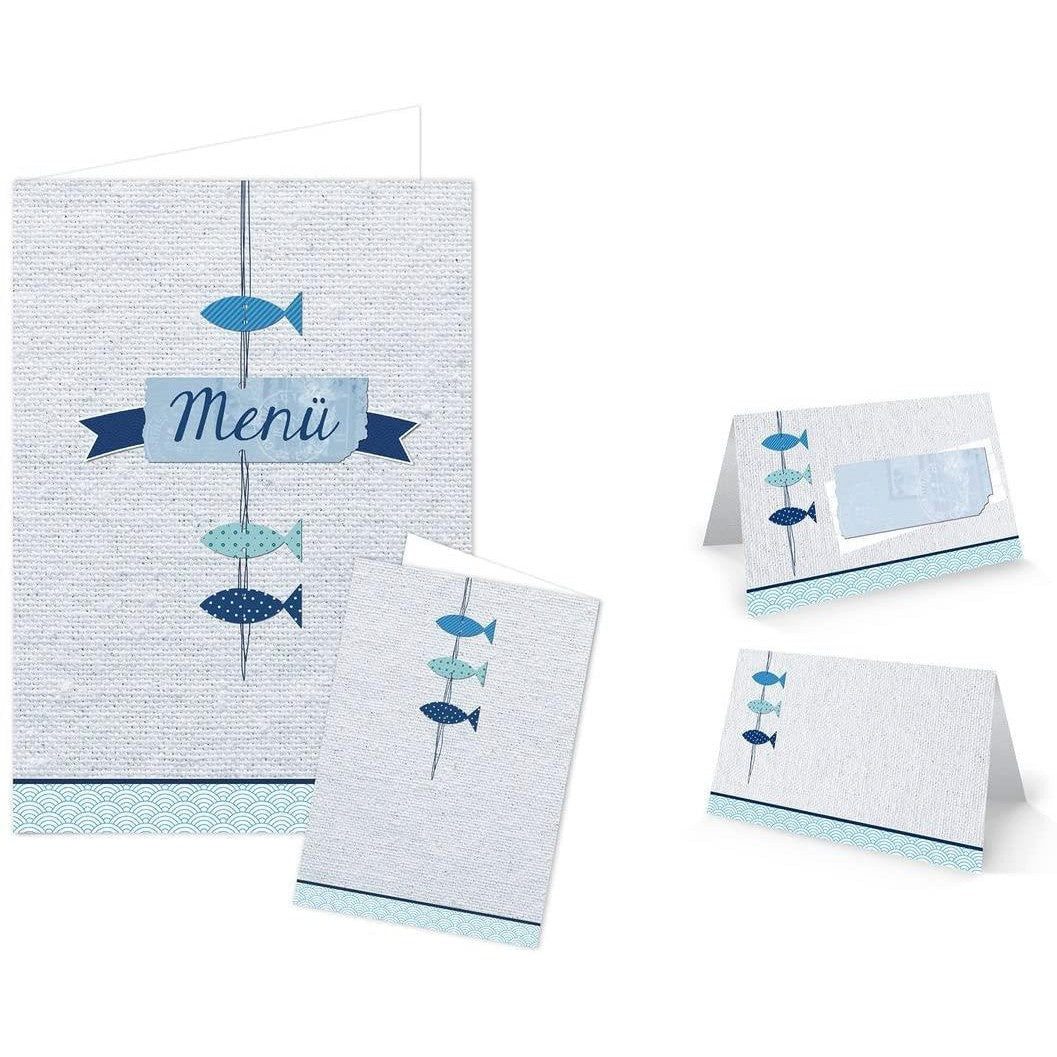 Logbuch-Verlag Klappkarte DIY Tisch-Deko Set 25-30 Gäste türkis blau weiß maritim FISCHE: 25