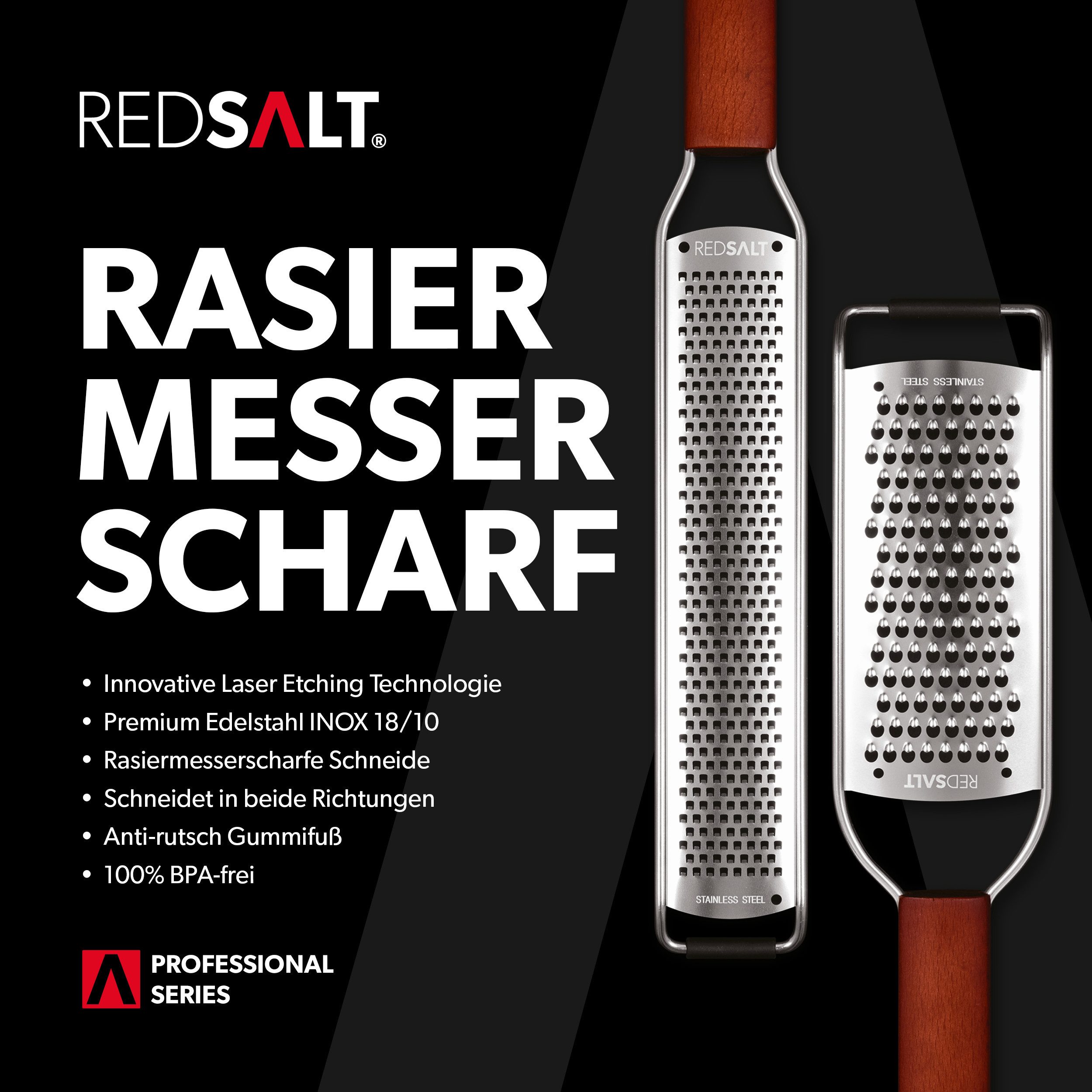 REDSALT® Küchenreibe Edelstahl Reiben Set mit Holzgriff, Profi Küchenreiben, Set Zester + Julienne Reibe, Feine rostfreie Edelstahl Klinge in INOX 18/10 Qualität