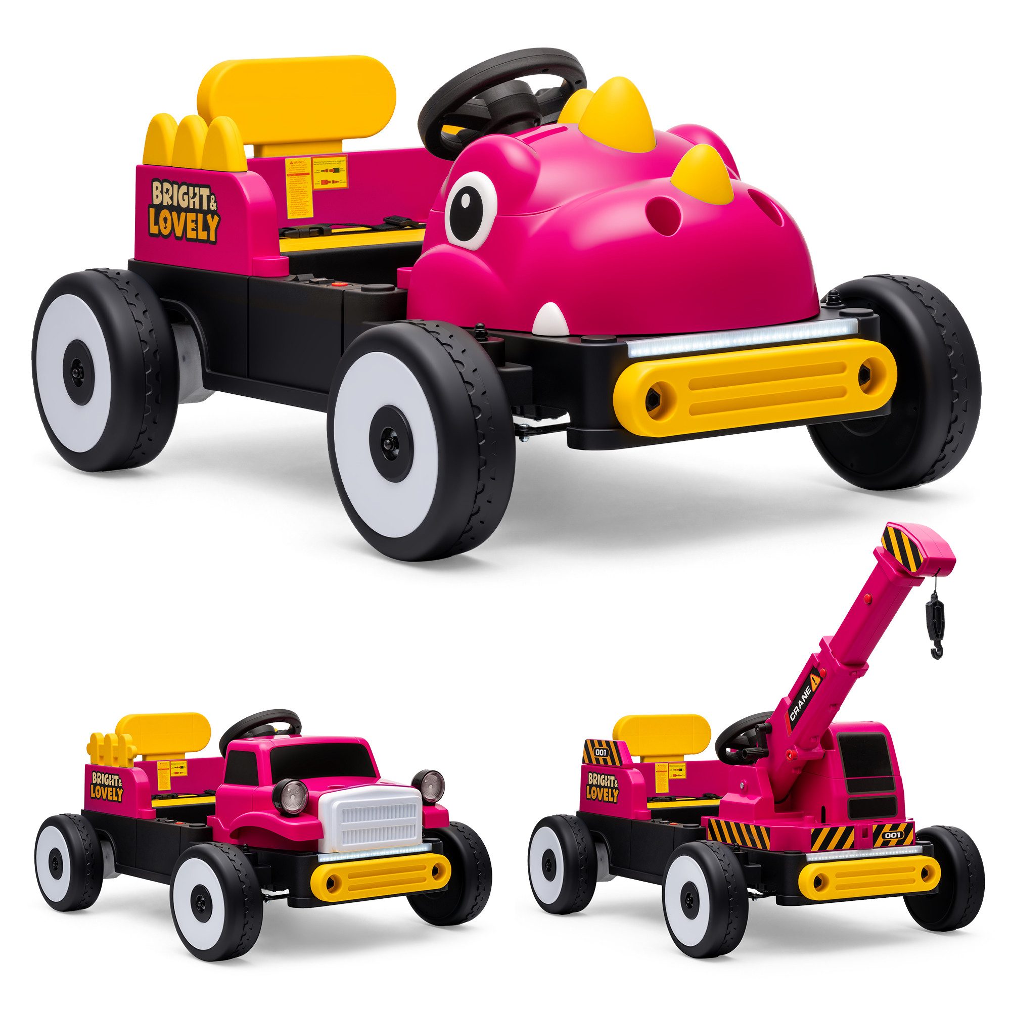 GarveeMore Elektro-Kinderauto Kinder Elektroauto 12V 3-in-1, Verwandlungsauto mit Dinosaurier & Kran
