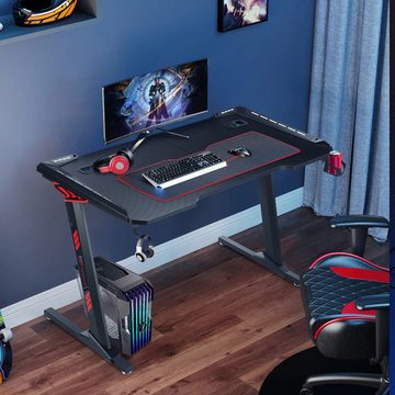iscooter Gamingtisch Gaming Schreibtisch mit LED, Computertisch mit Kohlefaser Oberfläche, PC Gaming Tisch für Gaming mit Kopfhörerhaken und Getränkehalter