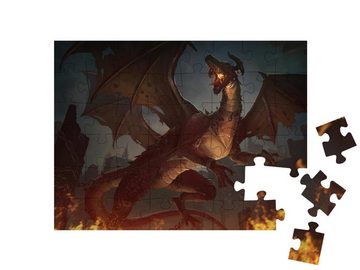puzzleYOU Puzzle Drachen mit Burg und Flammen, Kunst-Illustration, 48 Puzzleteile, puzzleYOU-Kollektionen Drache, Tiere aus Fantasy & Urzeit