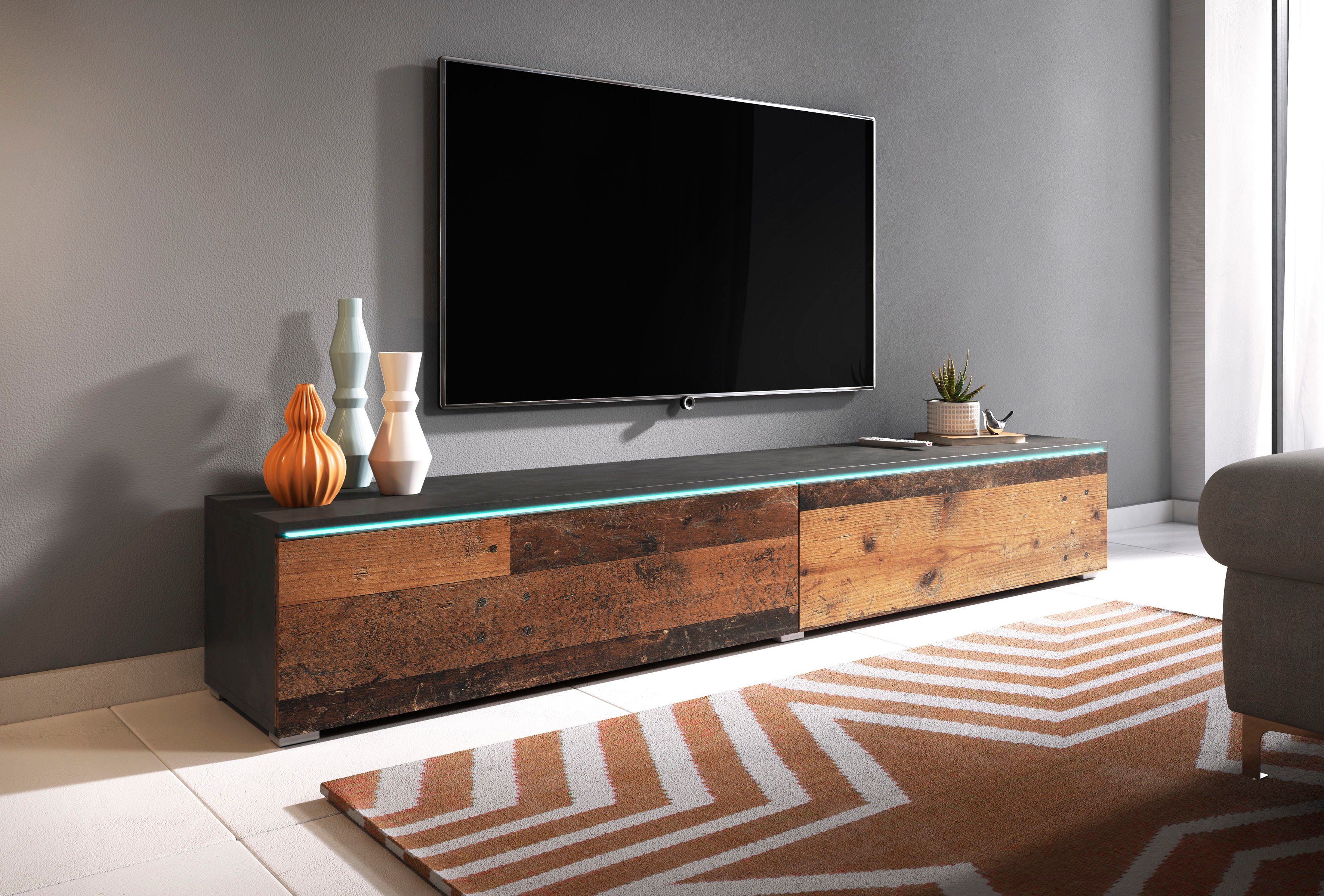Home affaire Lowboard LOWBOARD VERA, wahlweise mit oder ohne Beleuchtung, Modernes griffloses TV-Board, 180 cm TV-Schrank, stehend und hängend