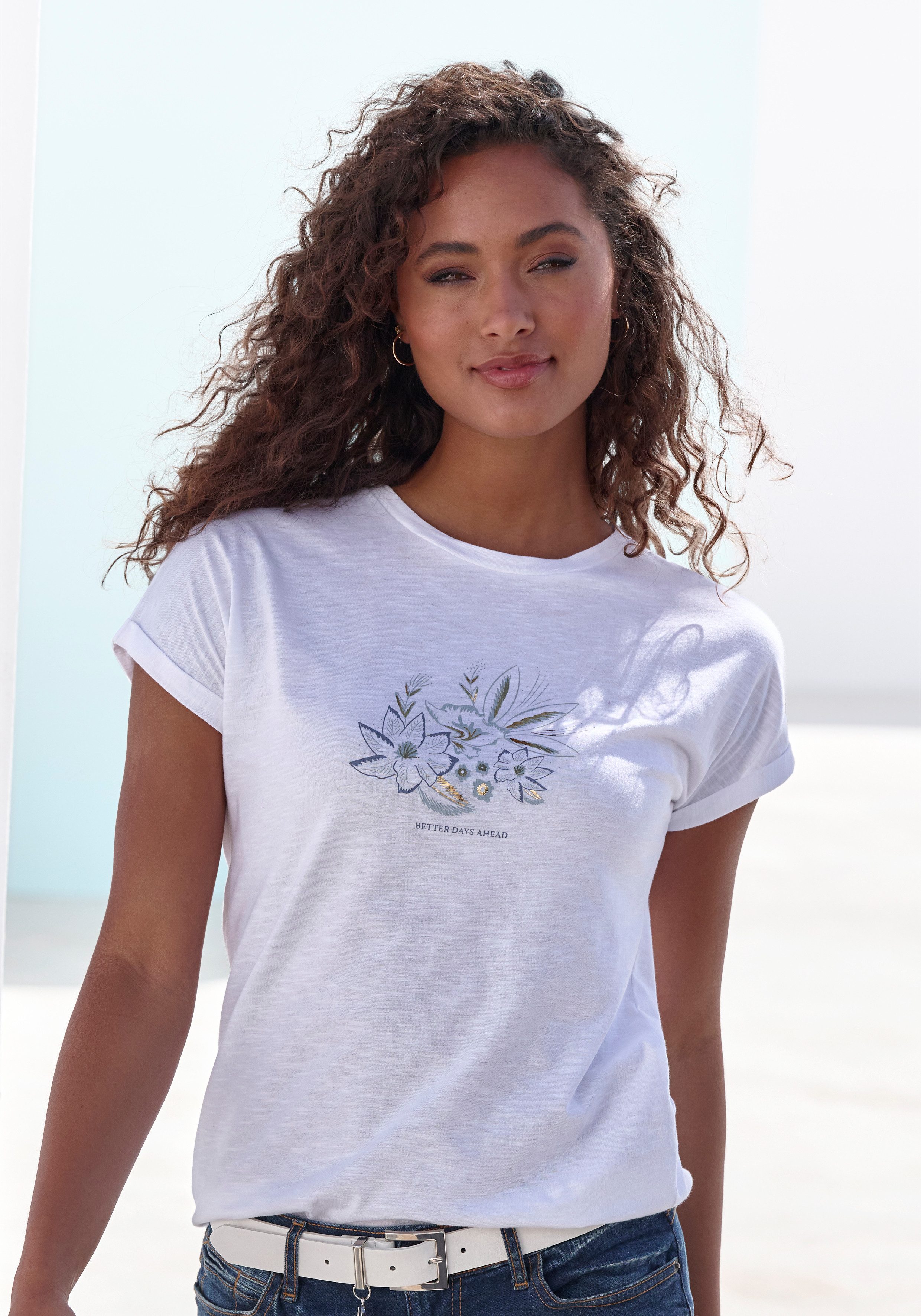 Vivance by Lascana T-Shirt mit goldenfarben schimmerndem Folienprint aus luftiger Baumwoll-Qualität