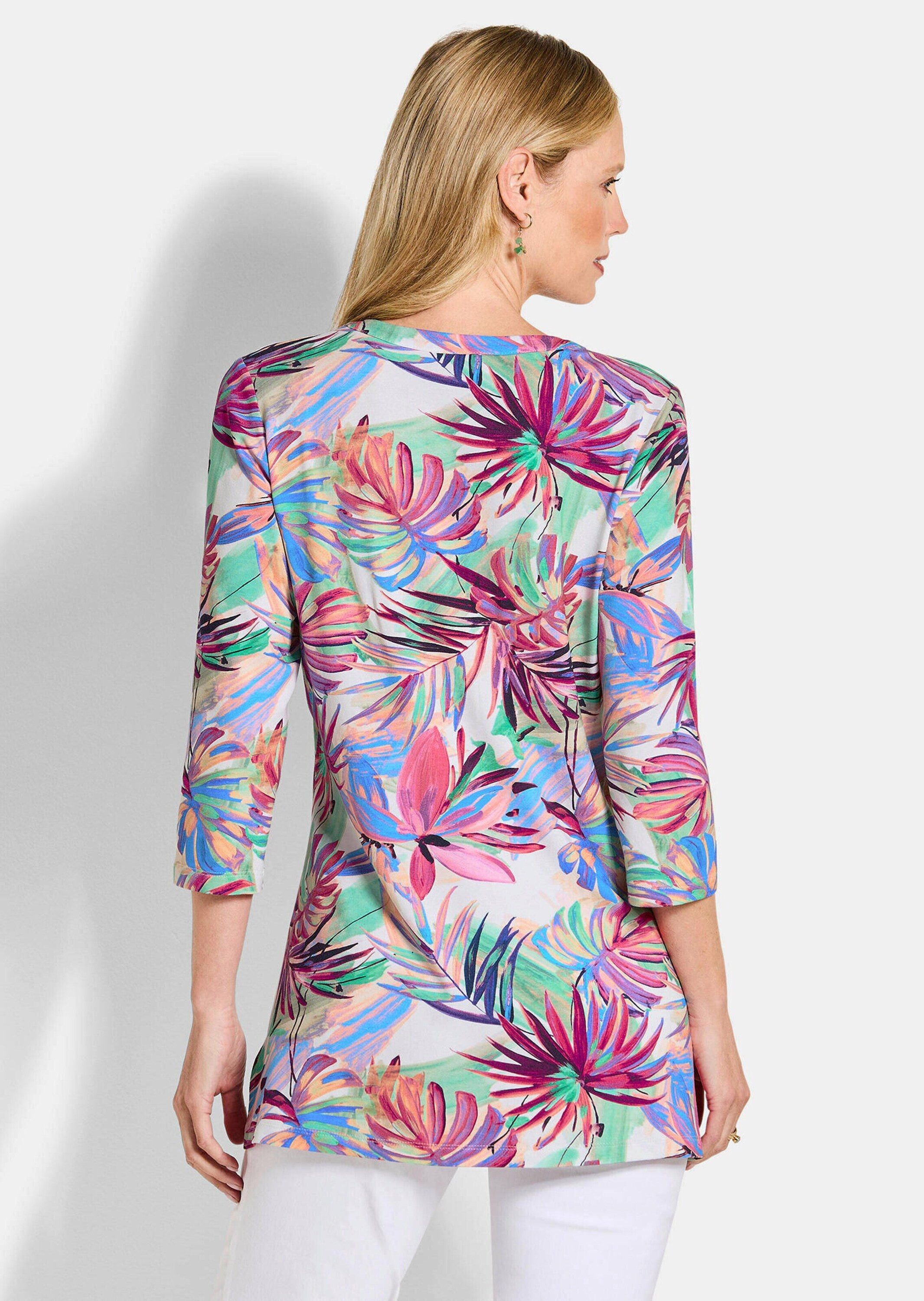 GOLDNER Tunika Sommertunika mit Palmenmuster Viskosebluse mit V-Ausschnitt, Biesen und 3/4-Ärmeln