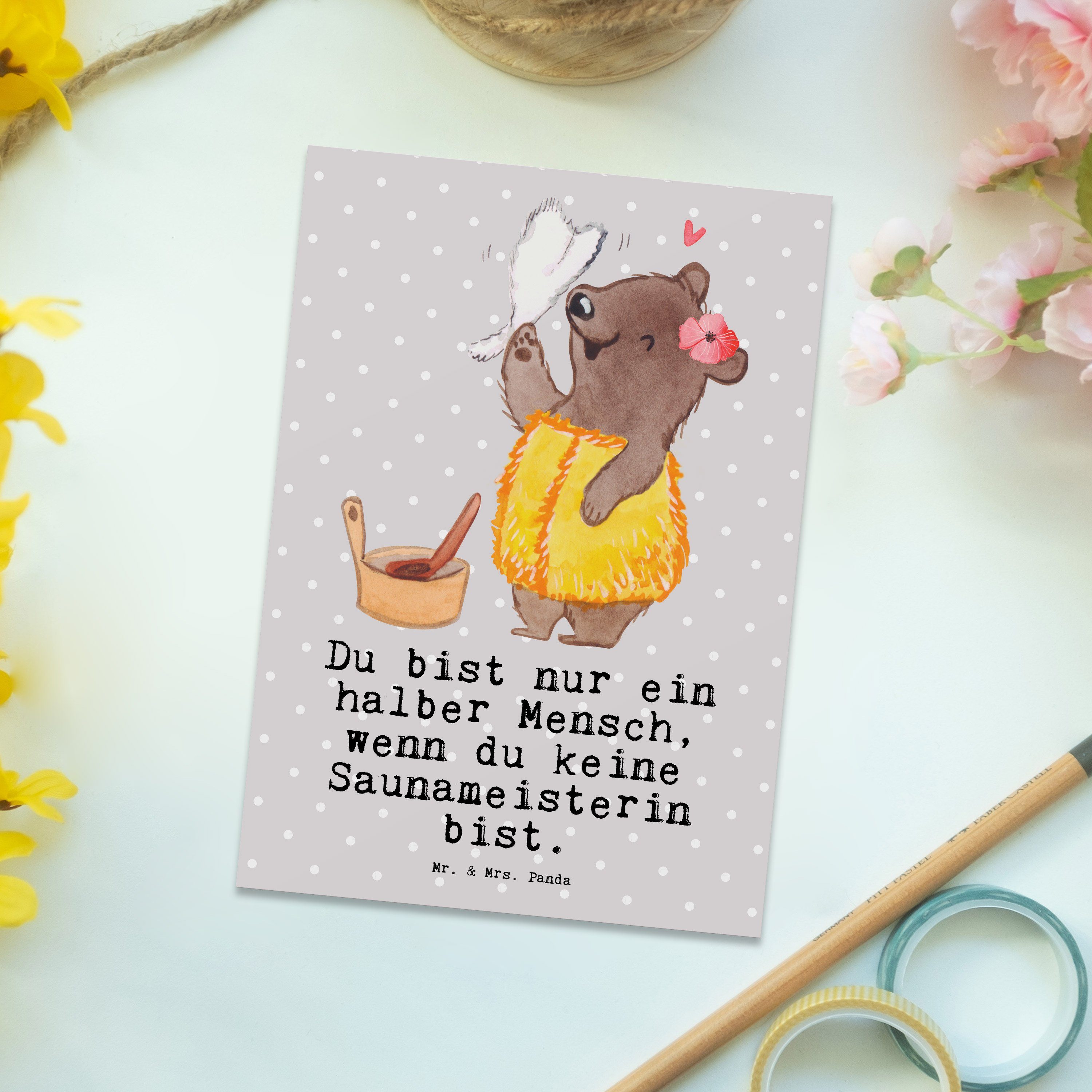 Karte Pastell Herz - Mr. Grau Postkarte & Panda Ausbildung, - Geschenk, Mrs. mit Saunameisterin