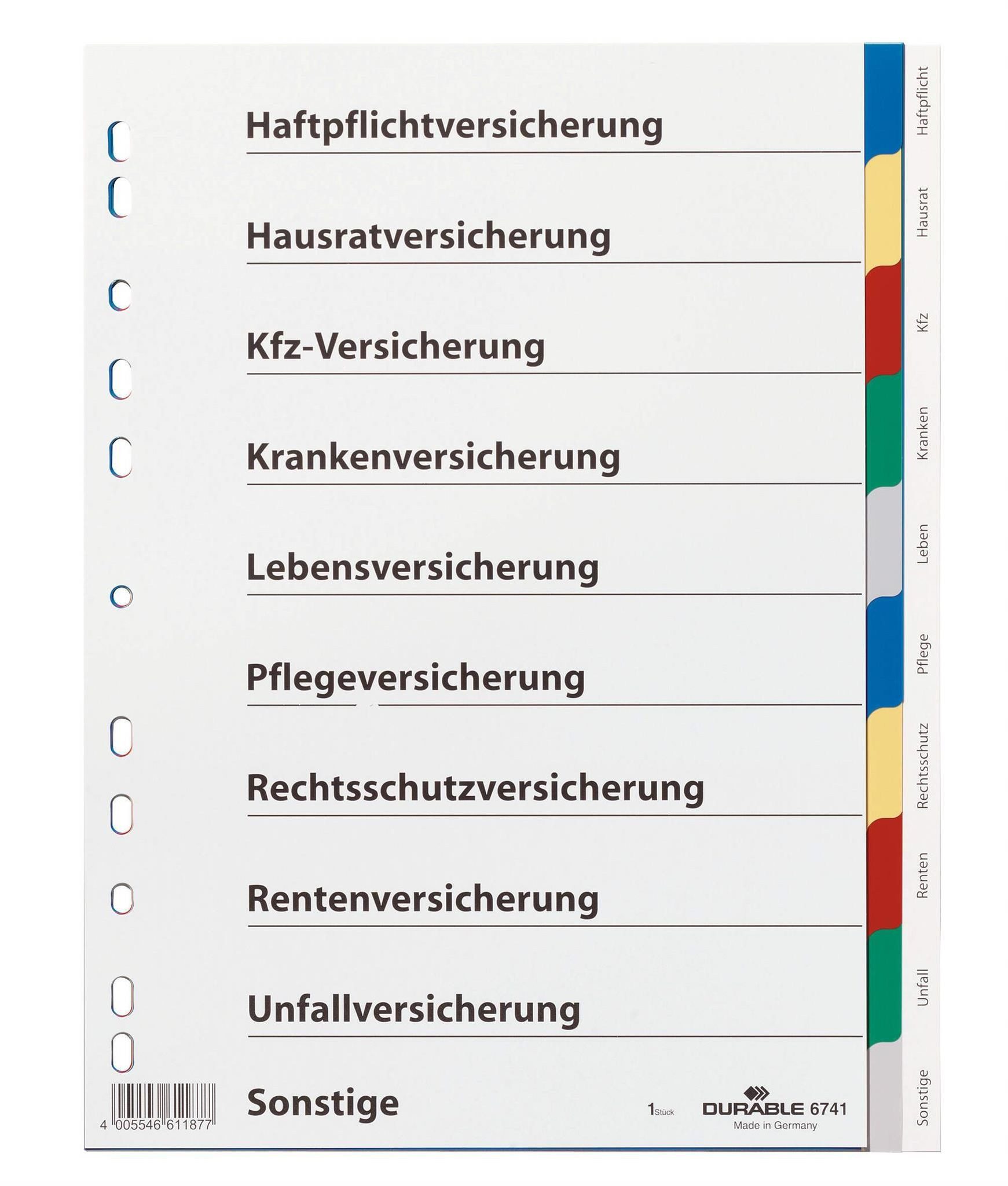 DURABLE Aktenordner Durable Ordnerregister Versicherungen 10tlg mit Aufdruck u Index