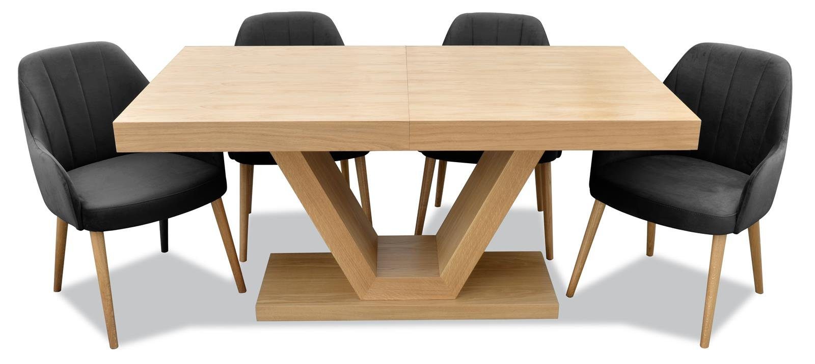 Beautysofa Sitzgruppe KLARA, (Eichenfurnier + Lack, modernes Set mit ausziehbare Tischplatte 160 - 210 cm), mit 4x gepolsterte Stühle mit Velourstoff Schwarz (kronos 07)