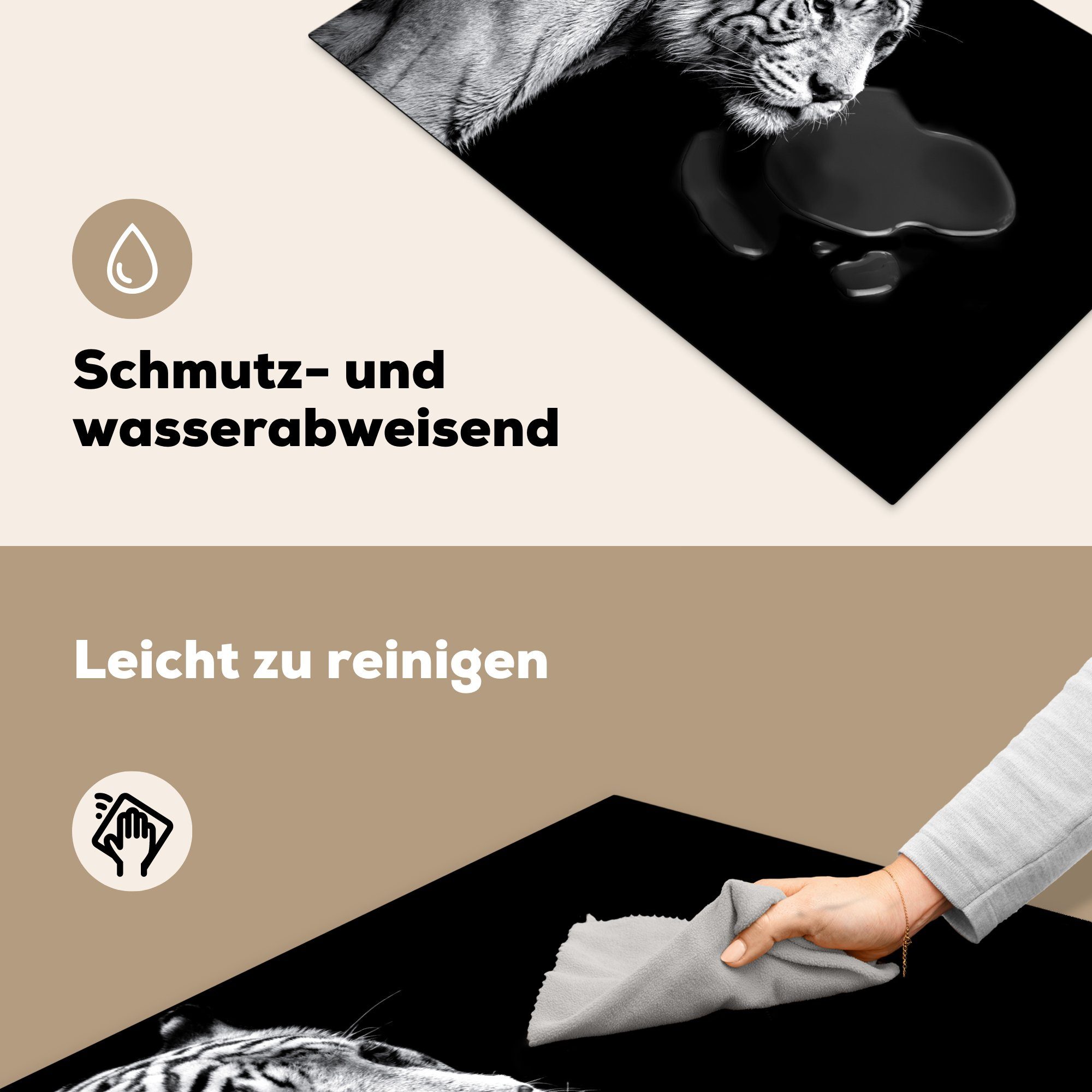 MuchoWow Herdblende-/Abdeckplatte Tierprofil Tiger in weiß, die 81x52 für cm, küche, (1 Schutz tlg), Vinyl, schwarz Induktionskochfeld Ceranfeldabdeckung und
