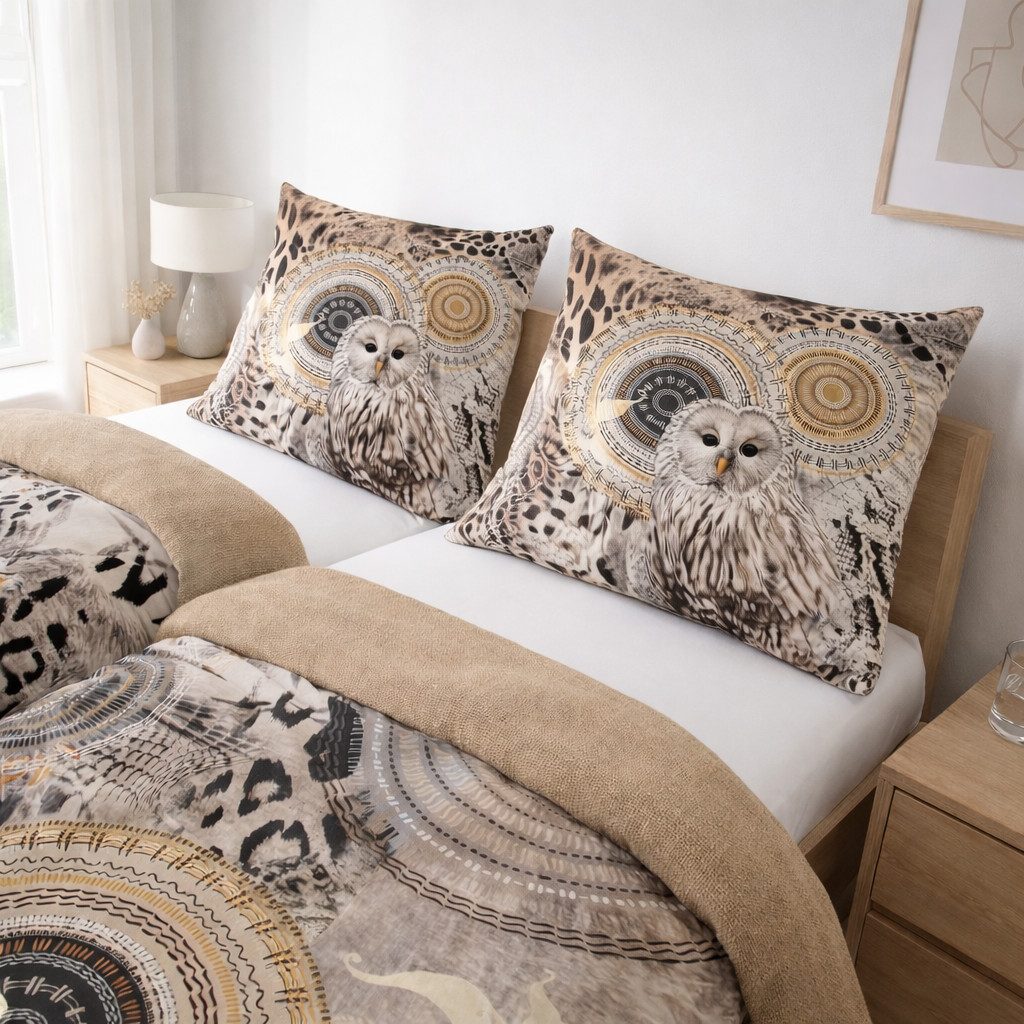Traumschloss Bettwäsche Feinbiber, Biber, 2 teilig, beige Mandalas mit Eule