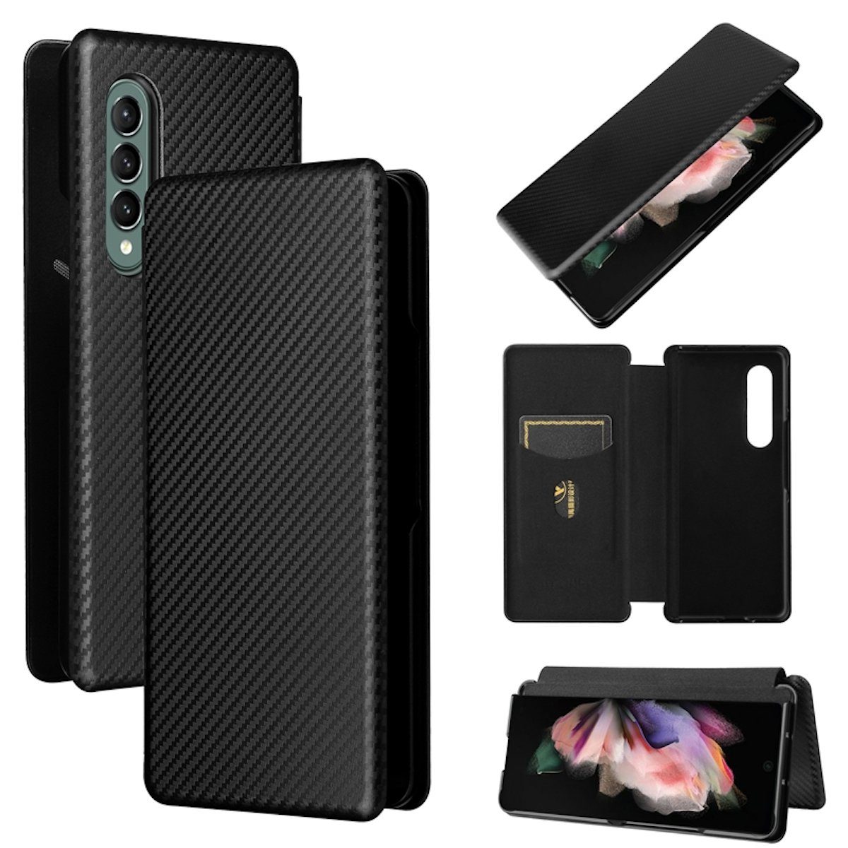 Wigento Handyhülle Für Samsung Galaxy Z Fold4 5G Carbon Kunstleder Handy Tasche Hülle Etuis Schwarz