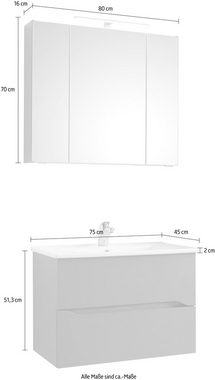 Saphir Badmöbel-Set Quickset 2-teilig, Keramikwaschtisch mit LED-Spiegelschrank, (2-St), 80 cm breit, 2 Schubladen, 3 Spiegeltüren, 6 Einlegeböden