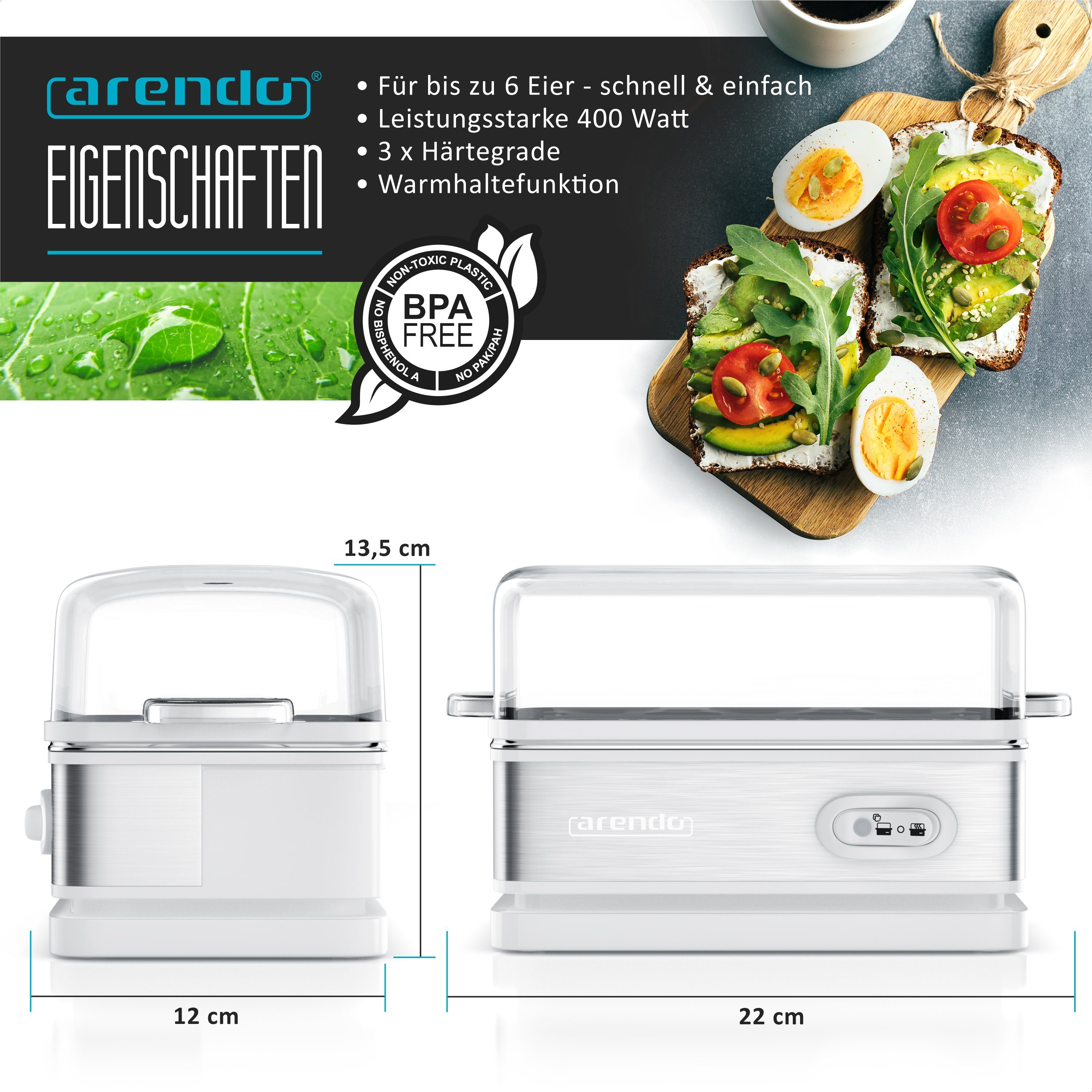 Arendo Eierkocher 6-fach, Edelstahl, mit Warmhaltefunktion, frei wählbarer Härtegrad, Anzahl Eier: 6 St., 400 W, Kipp-Funktionsschalter mit Indikationsleuchte, für bis zu 6 Eier
