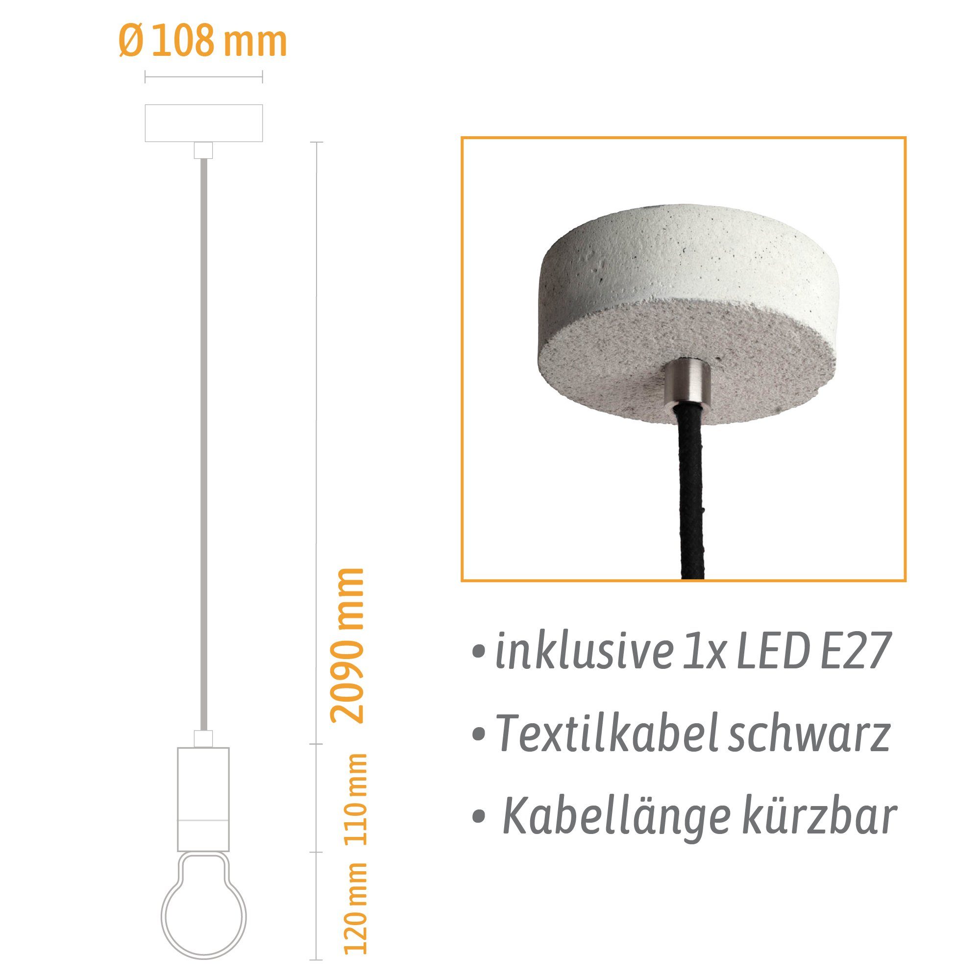 SSC-LUXon LED-Hängeleuchte mit Smart, PIA Tageslicht natur LED Filament WiFi Warmweiß bis Pendelleuchte E27 Beton
