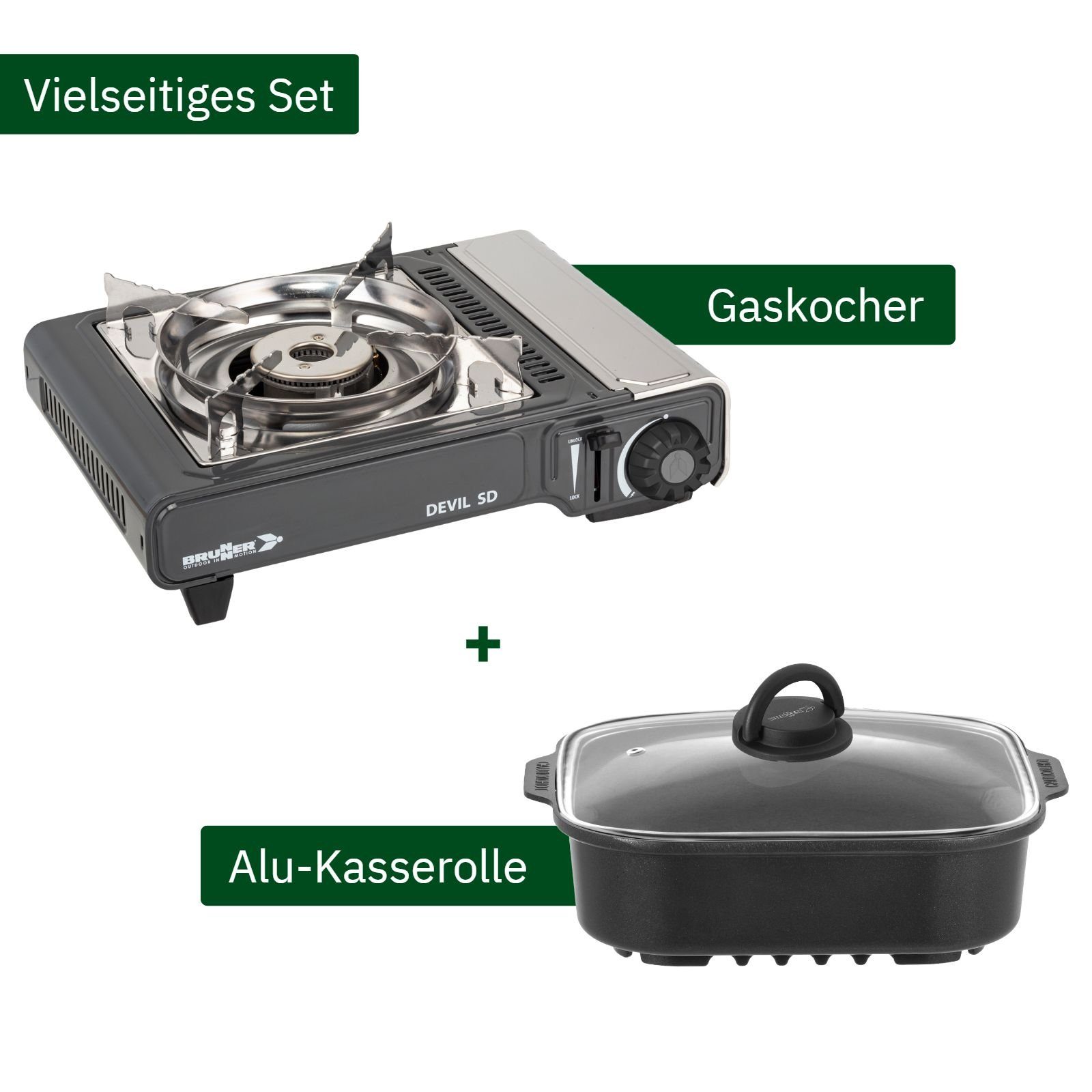 BRUNNER Gaskocher BRUNNER DEVIL SD NG Camping Gaskocher Set Zündsicherung, Vielseitig, (Gaskocher + Alu-Kasserolle)
