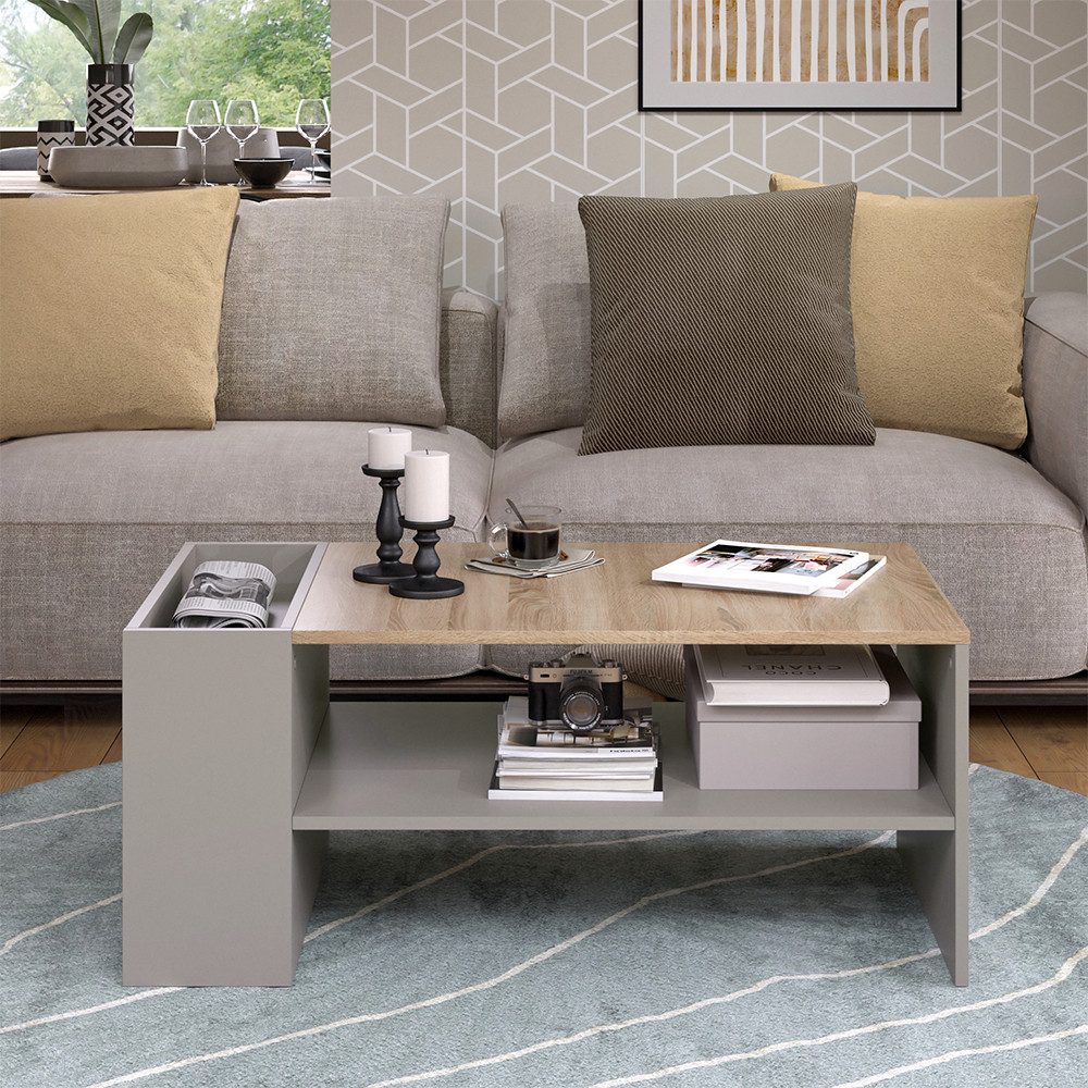 Vicco Couchtisch Wido, Greige/Sonoma, 100 x 55 cm mit Regalen (1-St)