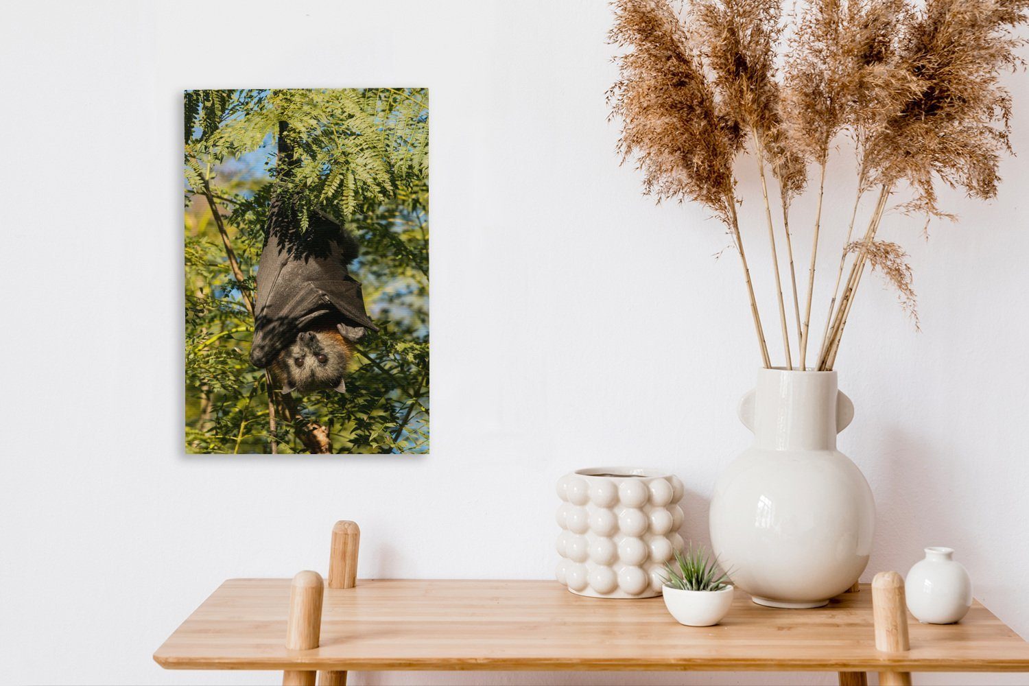 fertig Leinwandbild Gemälde, - 20x30 cm Fledermaus, Leinwandbild bespannt Baum St), - Zackenaufhänger, (1 Fliegender OneMillionCanvasses® Fuchs inkl.