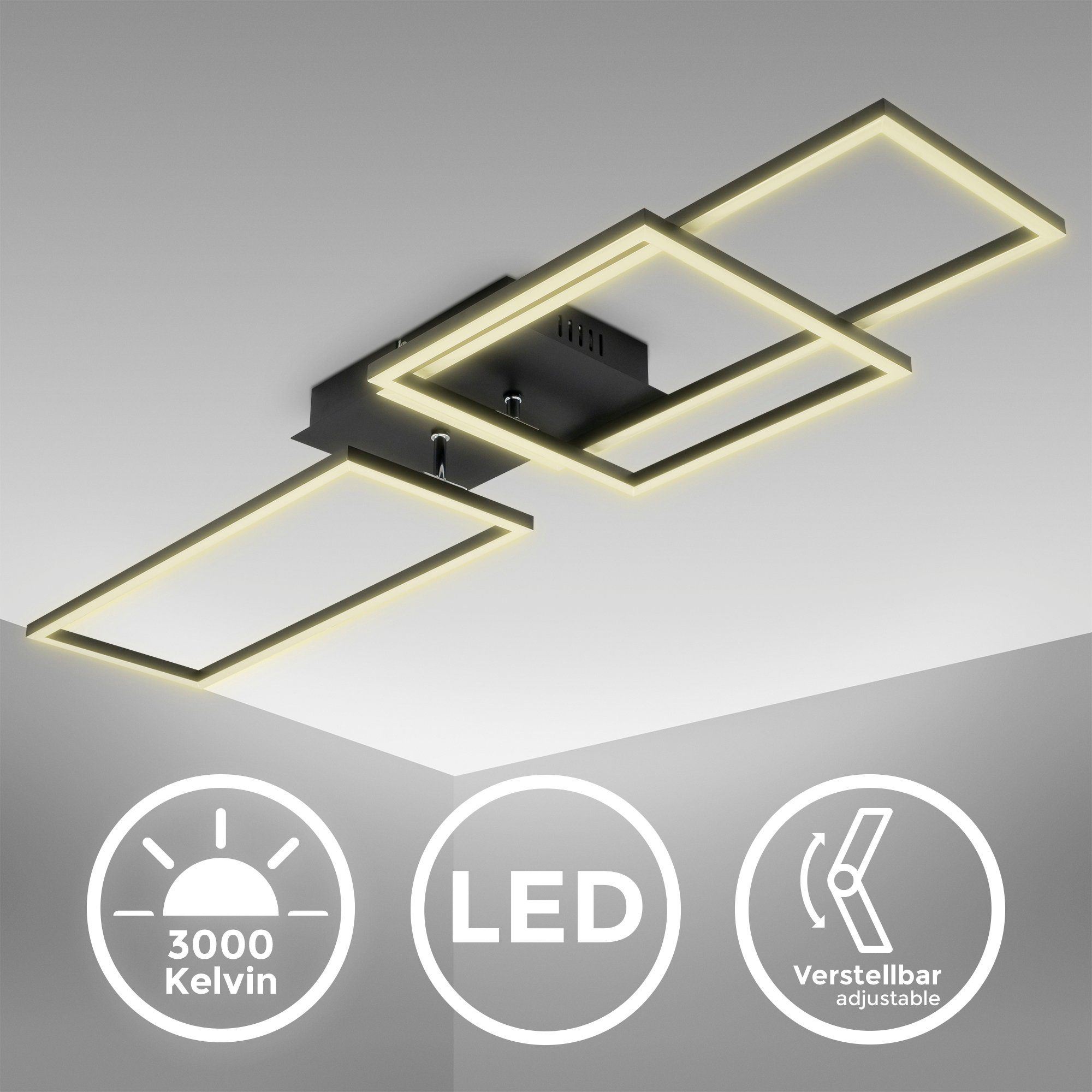 (LxBxH) Warmweiß, 4.380Lm, Schwarz, LED fest warmweiß, K 43,8 BK_FR1501 LED Deckenleuchte 3-Flammig, Frame, integriert, Watt, LED-Deckenlampe, 3000 92,8x26x9,5cm B.K.Licht Schwenkbar,