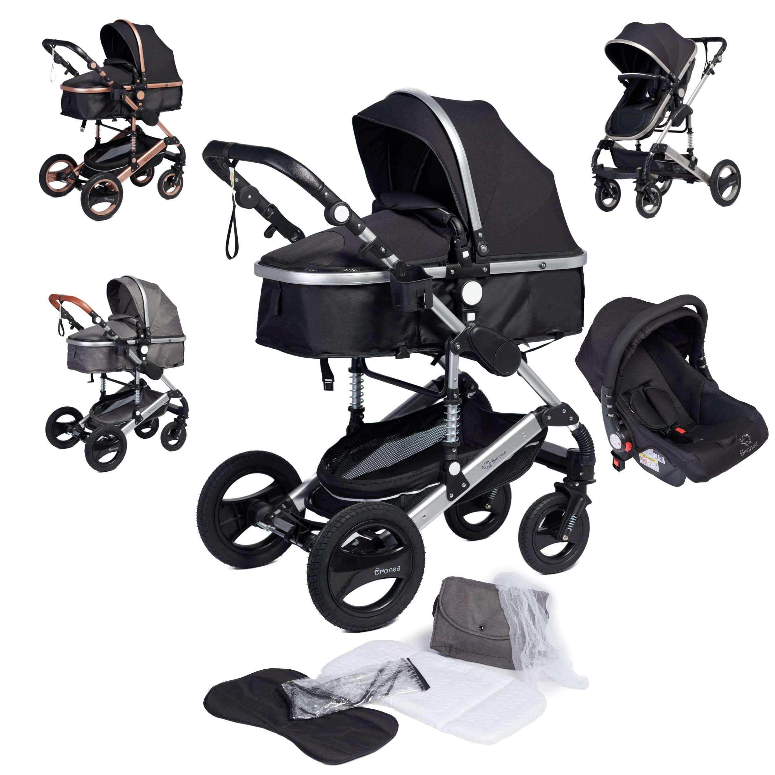 Bronea Kombi-Kinderwagen EXQUISE Коляски 3in1 mit MATRATZE, BUGGY & AUTO-BABYSCHALE, FARBAUSWAHL, Gummi Reifen,Wickeltasche,Regen-, Mücken- & Sonnenschutz