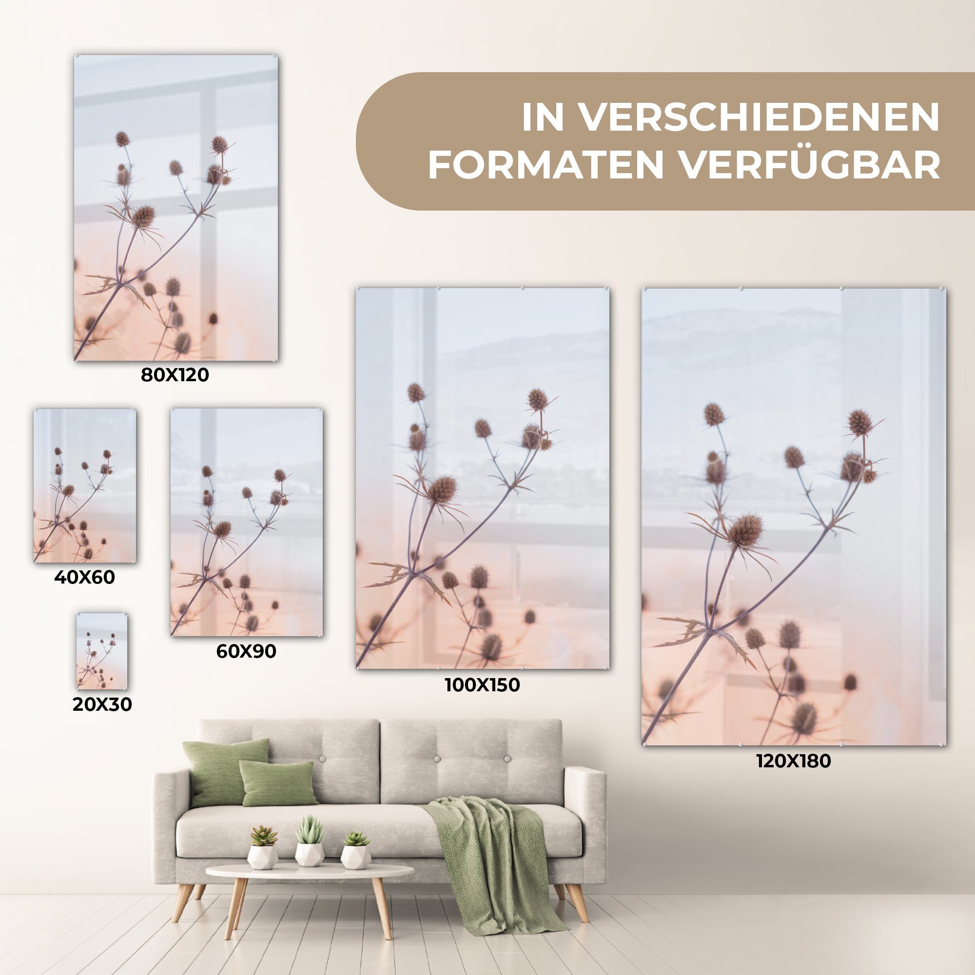 Glas Blumen auf - Foto Acrylglasbild Wandbild - Pastell Wanddekoration (1 Getrocknete auf - Bilder St), - - Glasbilder Himmel, MuchoWow Glas