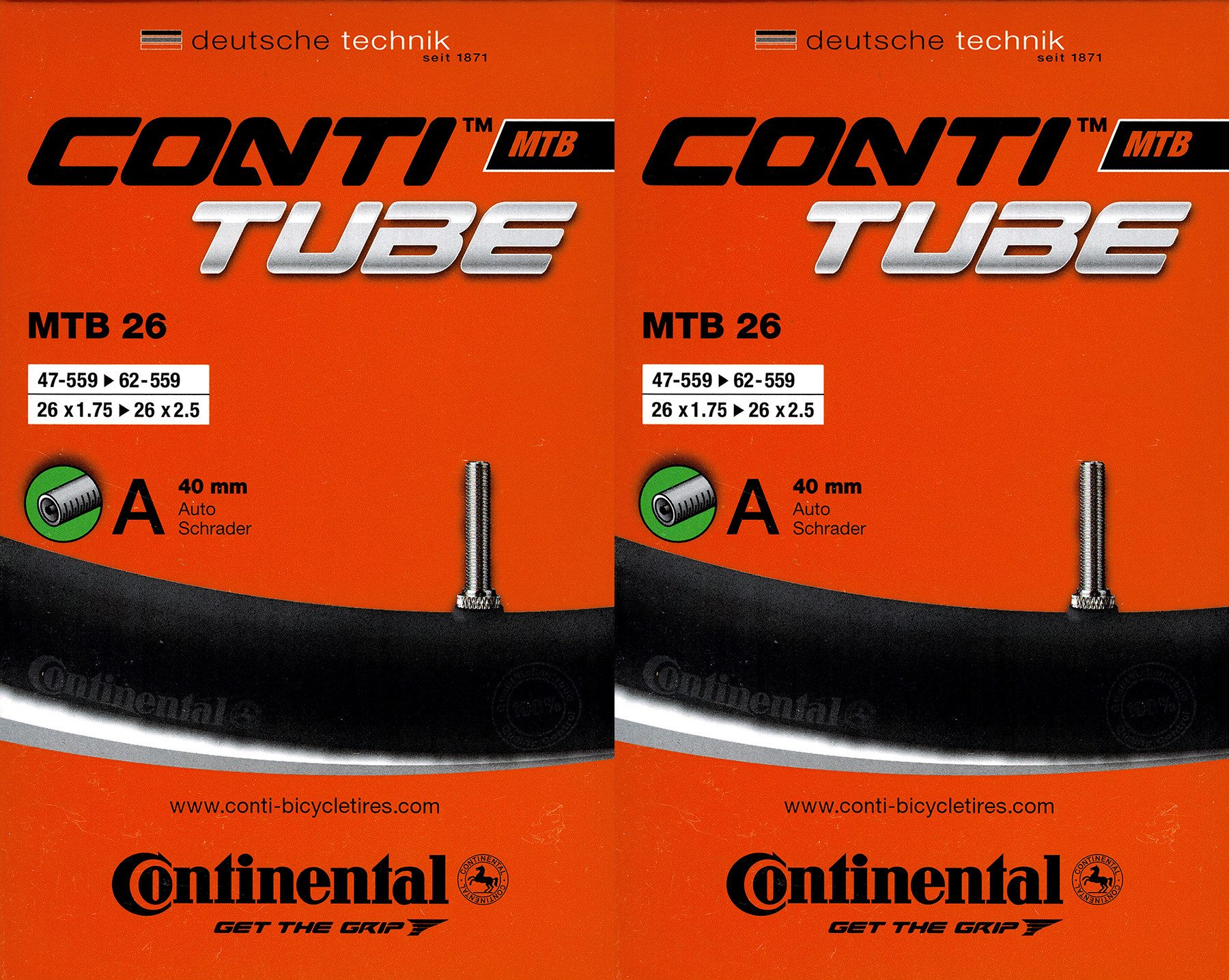 Fahrradschlauch 2x Continental MTB 26 Schlauch 26 Zoll AV (47/62-559) AV 40mm