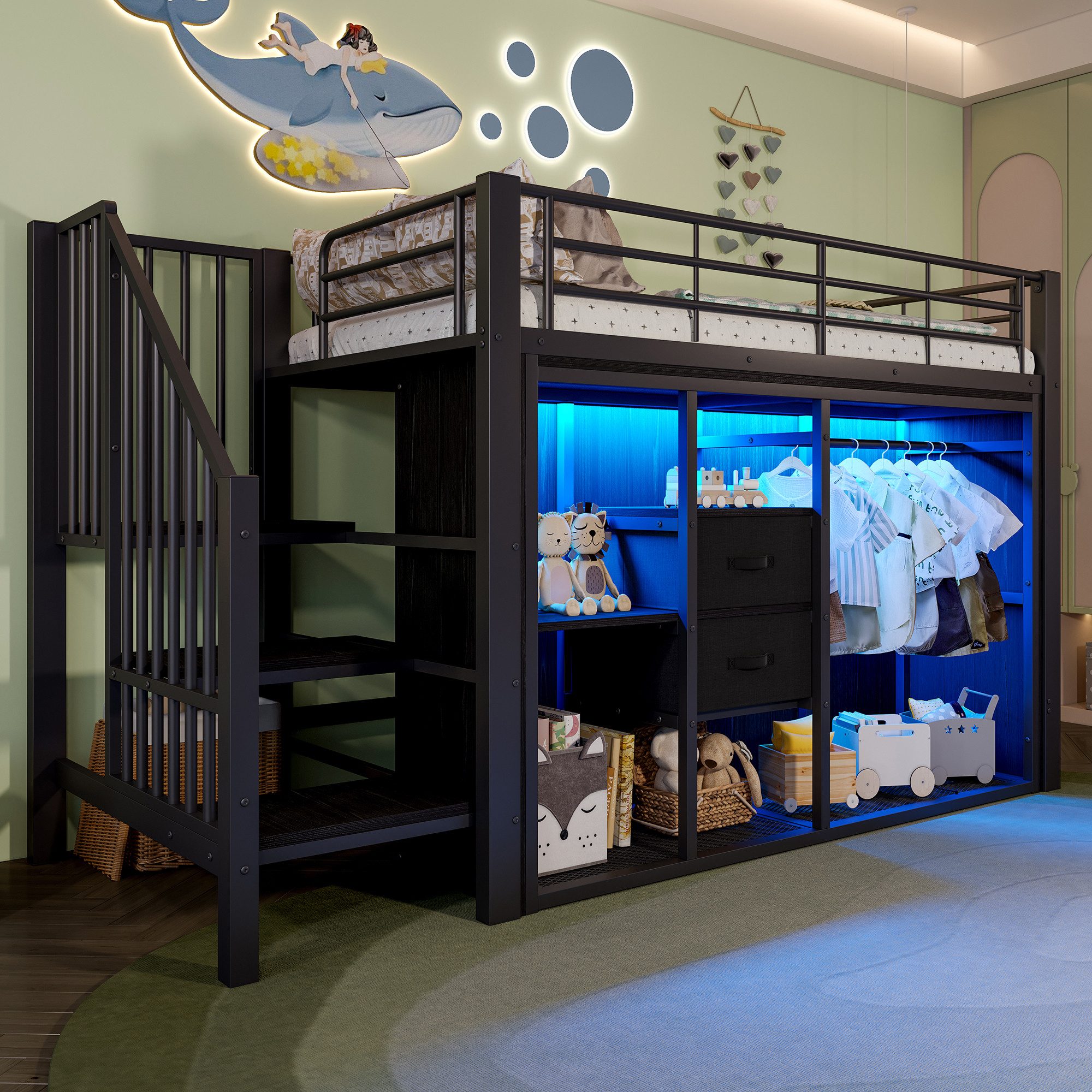 Flieks Hochbett Metall Kinderbett 90×200cm mit offenem Kleiderschrank, LED-Beleuchtung