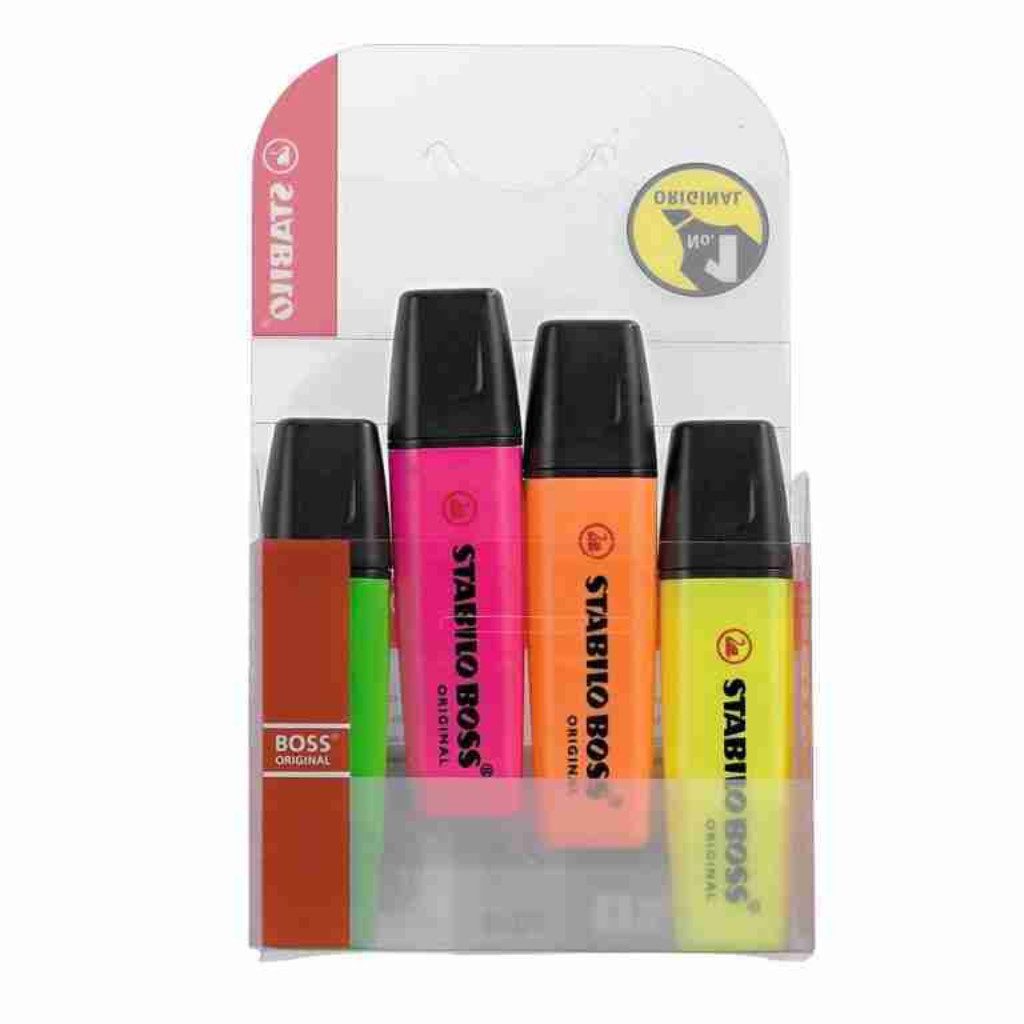 STABILO Marker 4 STABILO BOSS ORIGINAL Text-marker, (Packung, 4-tlg., grün,gelb,pink,orange), nachfüllbar, permanent