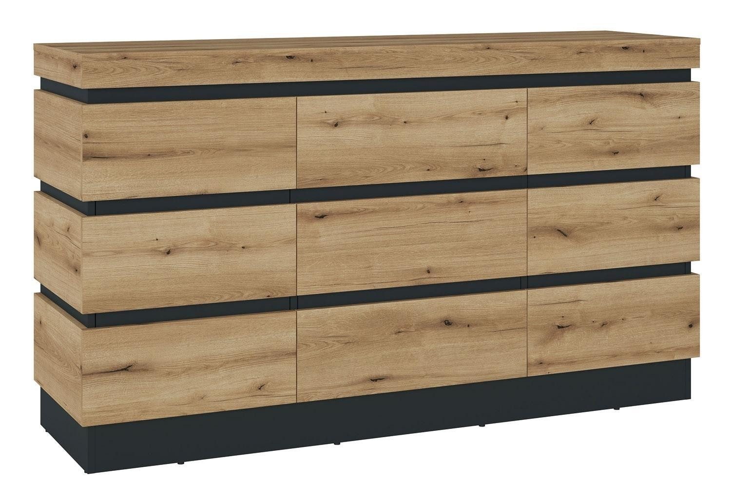 Sideboard CORTE, B 160 x 92 cm, Coast Evoke Eiche Dekor, Grau, 3 Türen und 1 Schublade