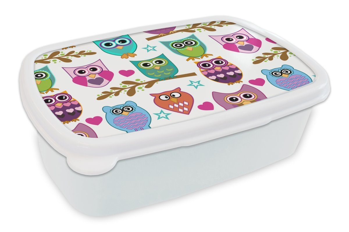 MuchoWow Lunchbox Design - Eulen - Tiere, Kunststoff, (2-tlg), Brotbox für Kinder und Erwachsene, Brotdose, für Jungs und Mädchen weiß | Lunchboxen