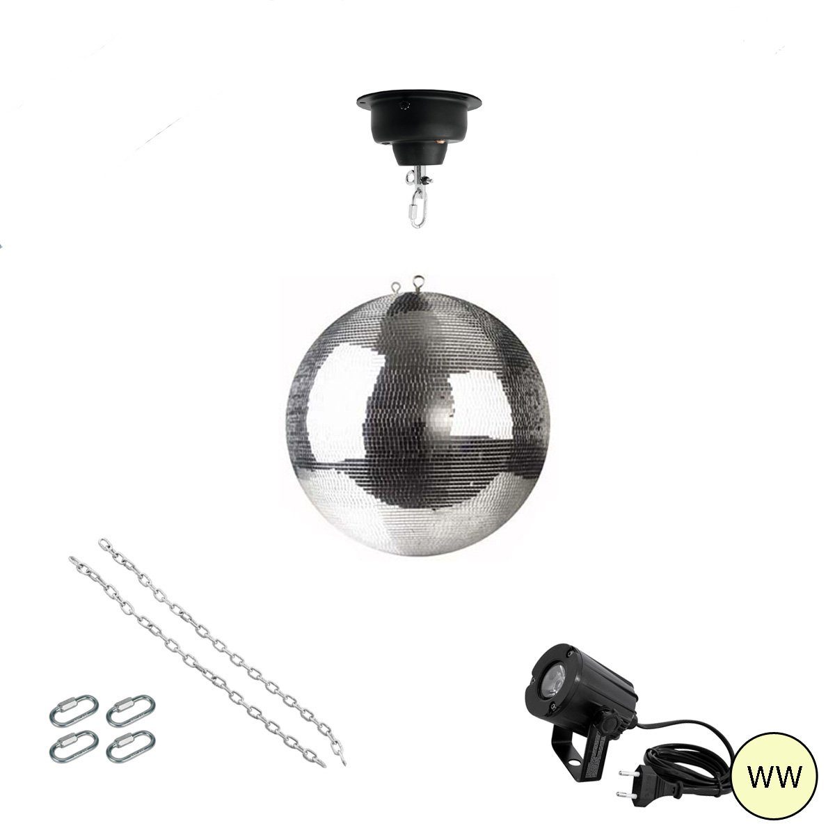 SATISFIRE Discolicht Spiegelkugel Komplettset 30cm Discokugel mit Motor LED Pinspot (WW)