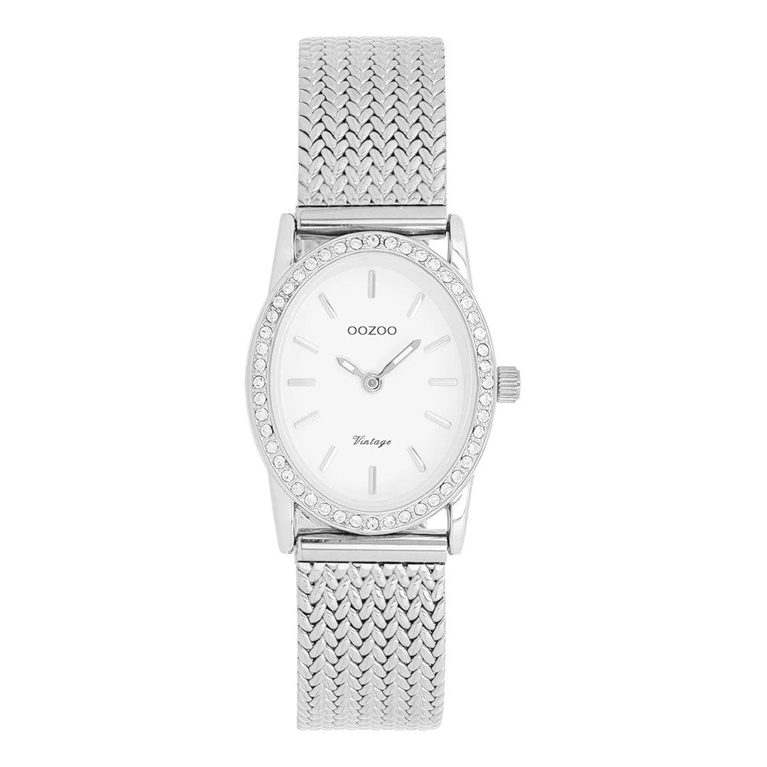 OOZOO Quarzuhr Vintage Damenuhr C20430 – Weiß – Milanaiseband – Oval, 23×28 mm – Zirkonia