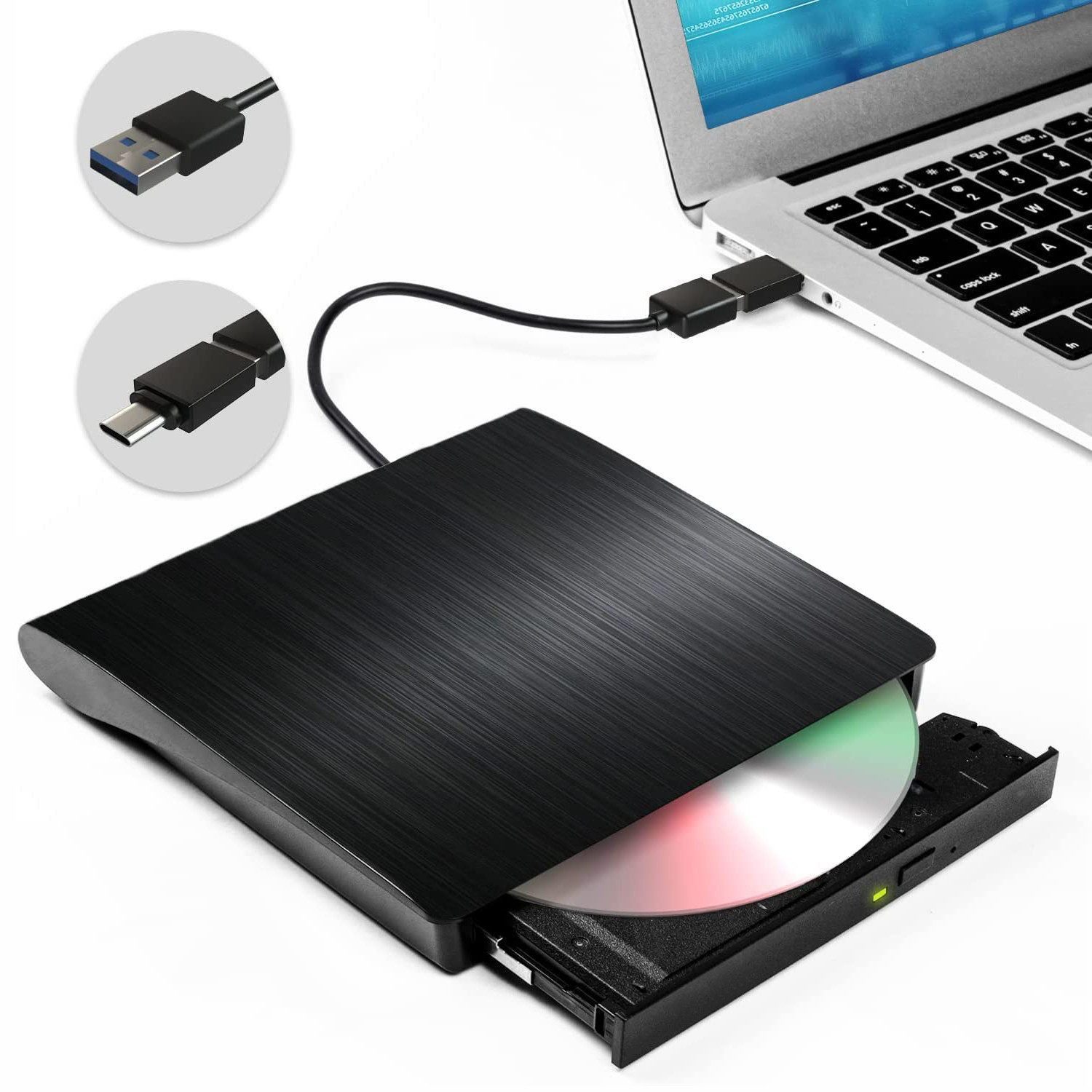 ibettertec Externes CD/DVD-Laufwerk, CD-Brenner, optisches Laufwerk, DVD-Brenner (Externes Laufwerk für Laptop, PC und Mac, USB-C, USB 3.0, Plug & Play, CD 8xx, Dualanschluss USB-C/USB 3.0, Slim-Design, Plug & Play)