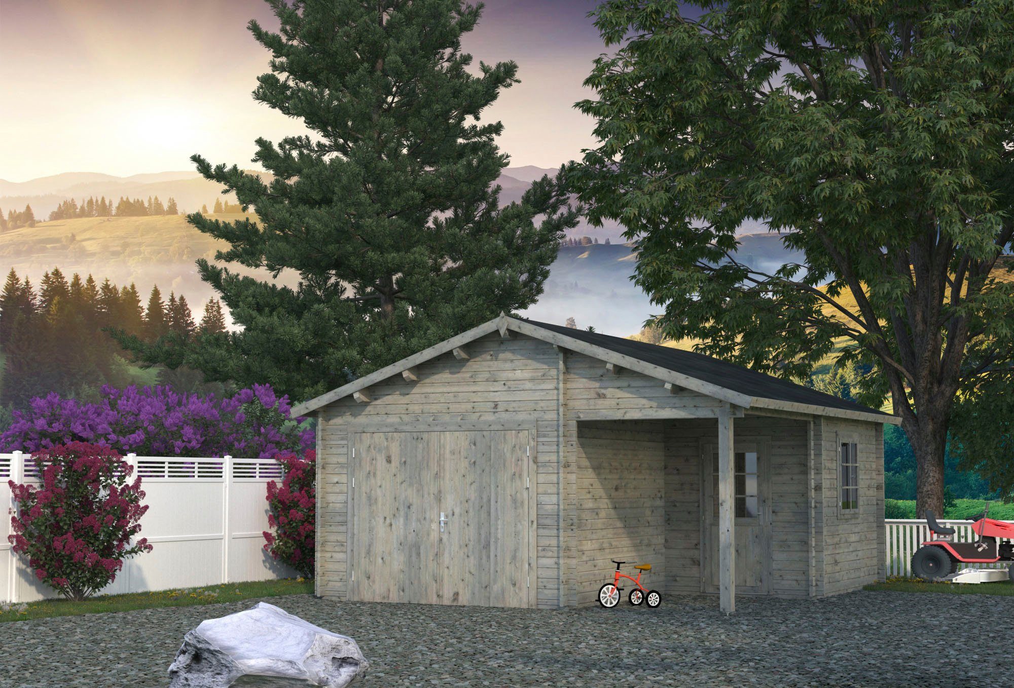 Palmako Garage Roger, BxTxH: 564x601x321 cm, mit Anbau und Holztor, grau