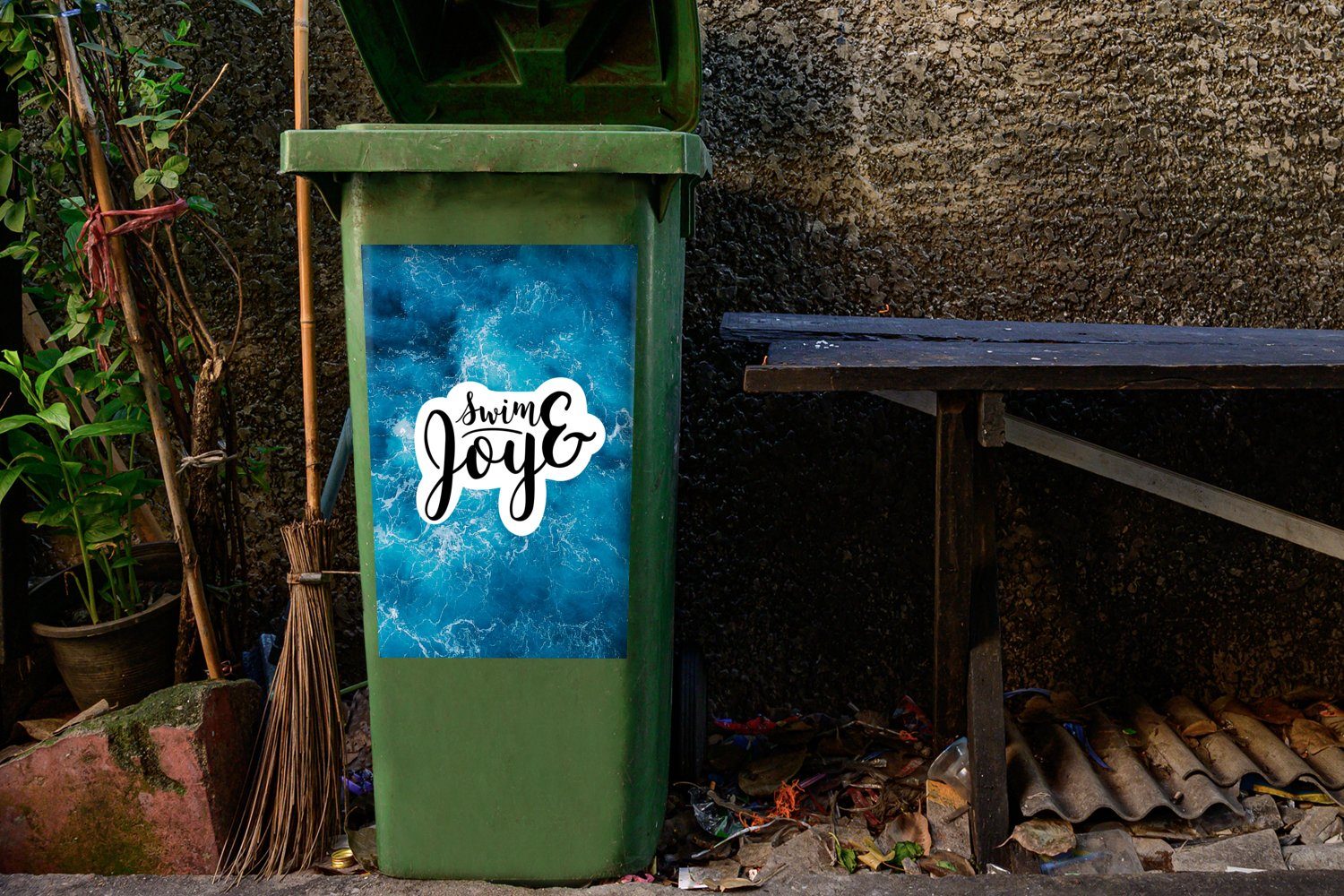 MuchoWow Wandsticker Sommer Mülltonne, Sticker, (1 - Abfalbehälter - Blau Container, St), - Meer Zitate Mülleimer-aufkleber