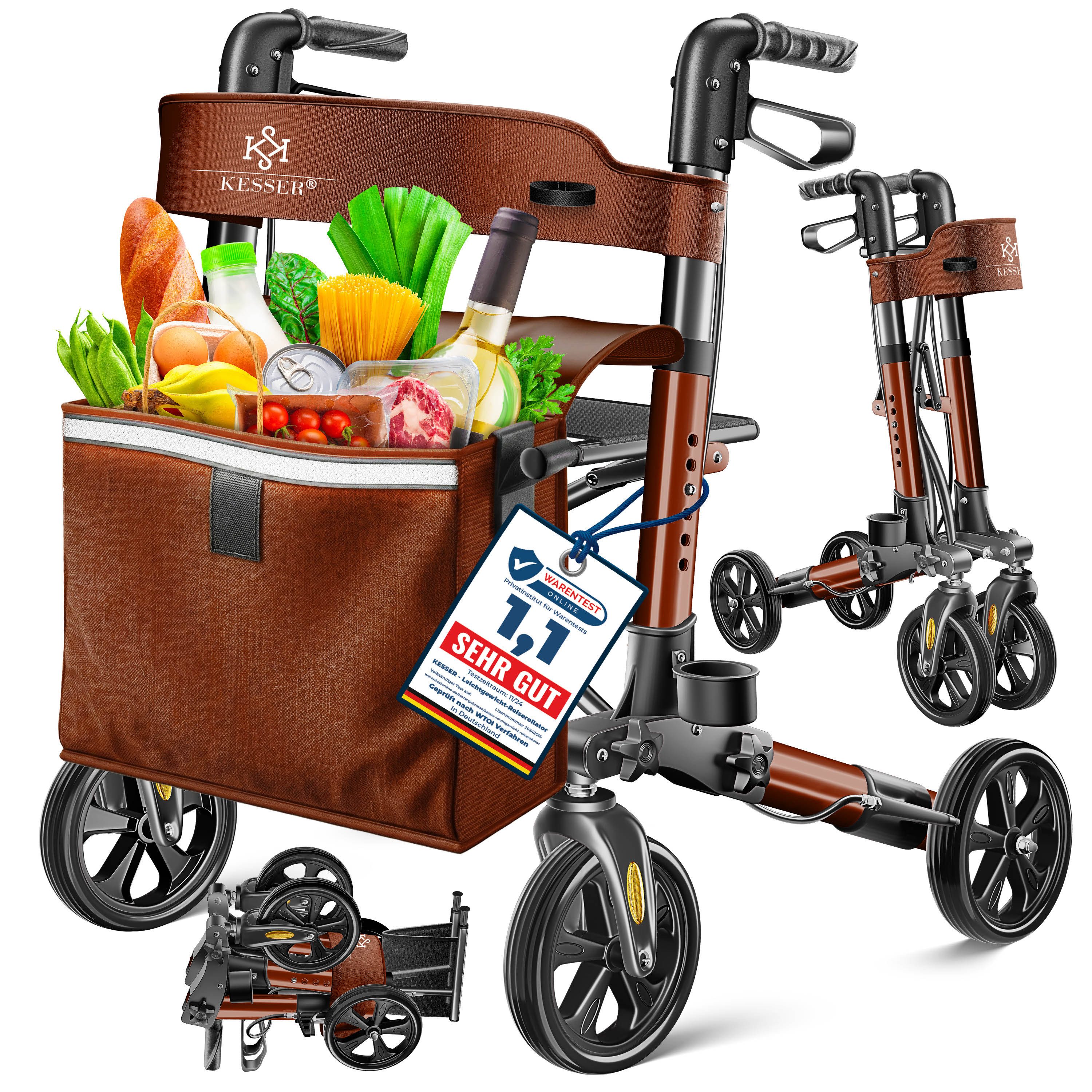 KESSER Rollator Aluminium – faltbar, höhenverstellbar & bis 136 kg belastbar, wetterbeständig, Tasche, Stockhalter, Reflektoren, 360° Gelände Reifen