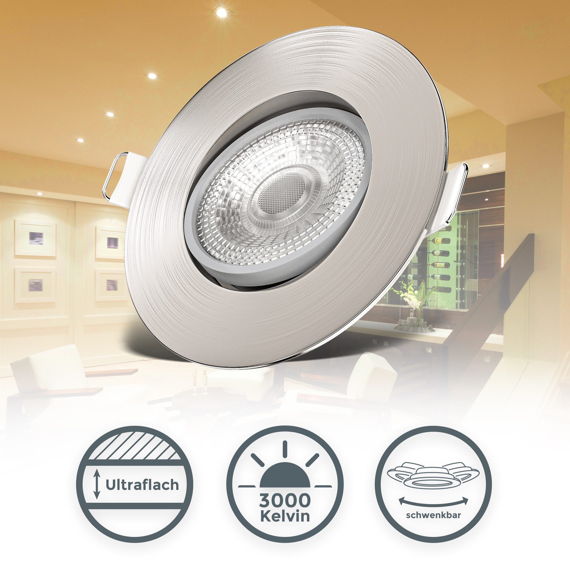 B.K.Licht LED Einbaustrahler SET Einbauleuchten 90mm dimmbar 230V ultra-flach schwenkbar, Ohne Dimmfunktion, LED fest integriert, 3000K - Warmweiß, 6x dimmbare Einbauspots Decke schwenkbar Wohnzimmer Büro - BKL1285