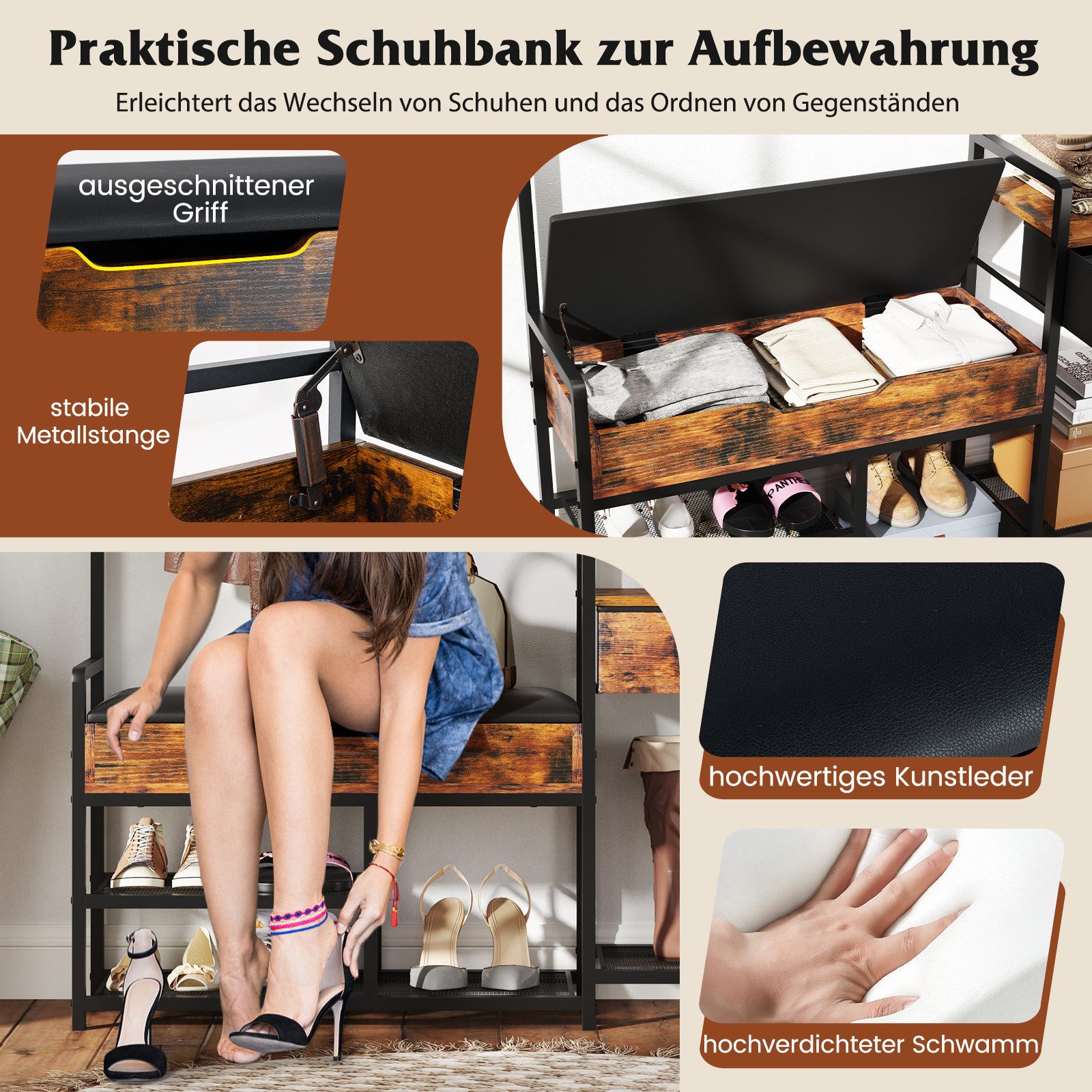 COSTWAY Kleiderständer, mit Schuhbank, 12 Haken, Tisch mit Schublade & Ablage