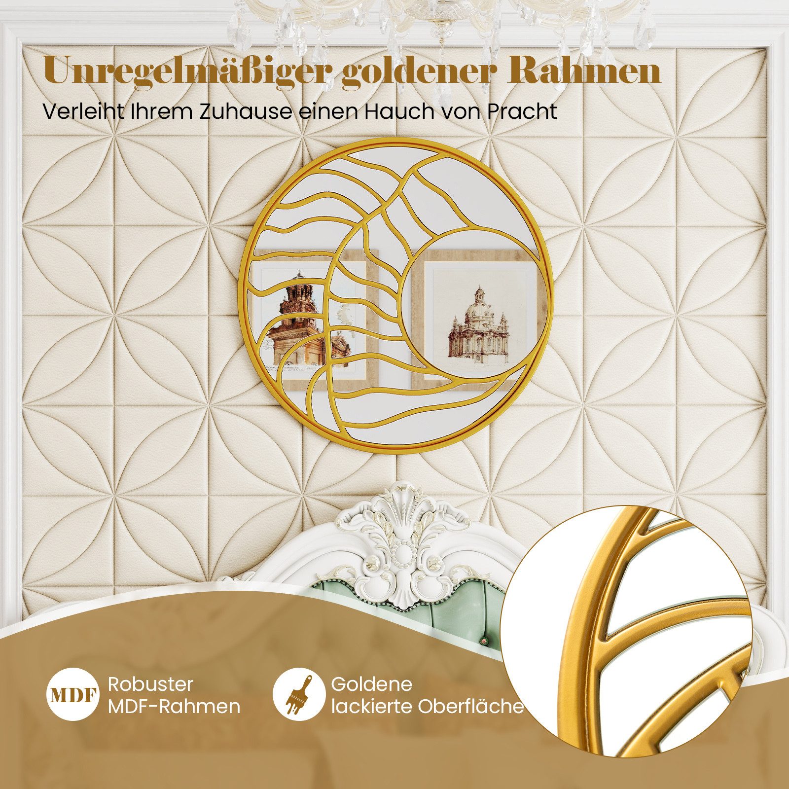 COSTWAY Dekospiegel, 80 cm großer runder Wandspiegel, Goldener