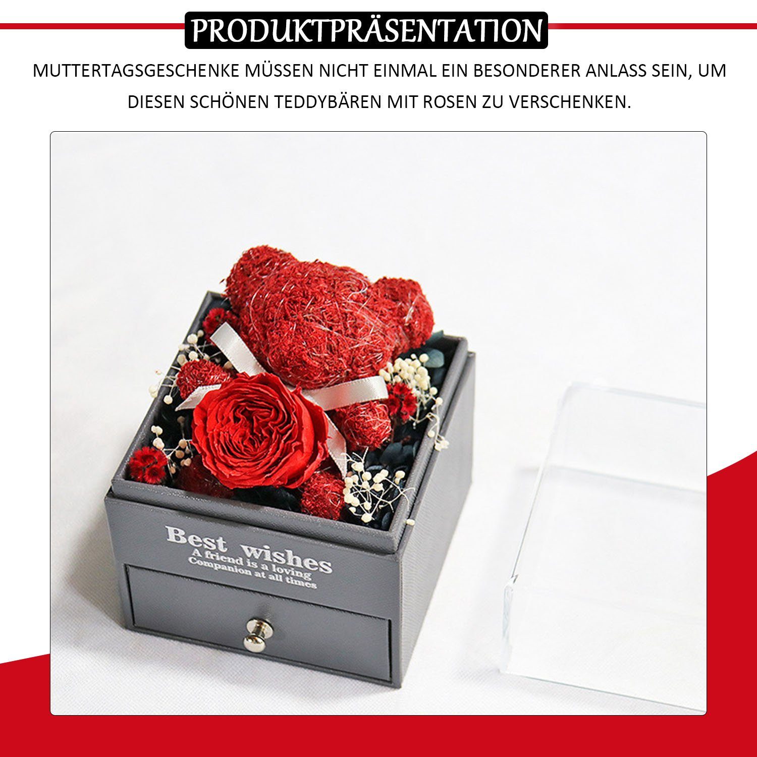 Kunstblume Rose Bär Geschenk Box, Geburtstag Schublade Valentinstag Bärenpuppe Kleine Khaki Muttertag kann MAGICSHE, Ringe halten und Halsketten Geschenk