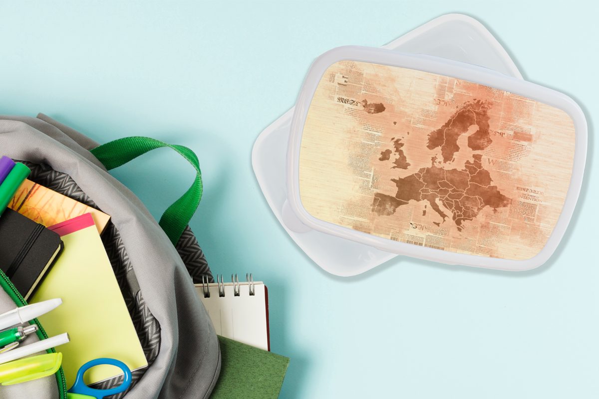 MuchoWow Lunchbox Karte von Europa Kinder und Kunststoff, weiß - Brotdose, Orange, - Zeitung Mädchen für für Brotbox Jungs Erwachsene, (2-tlg), und