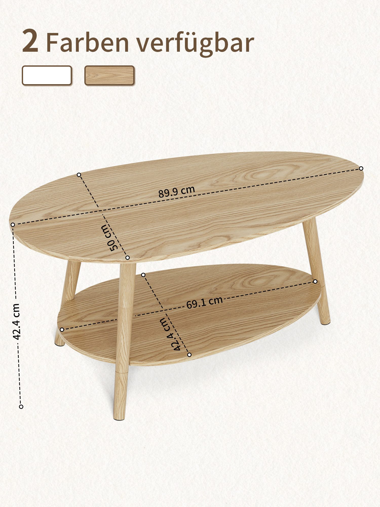 FiveWillowise Couchtisch Massivholz Teetisch mit Ovalem Doppelschicht-Design, 90x50cm (1-St), ovaler Tisch, Wohnzimmertisch