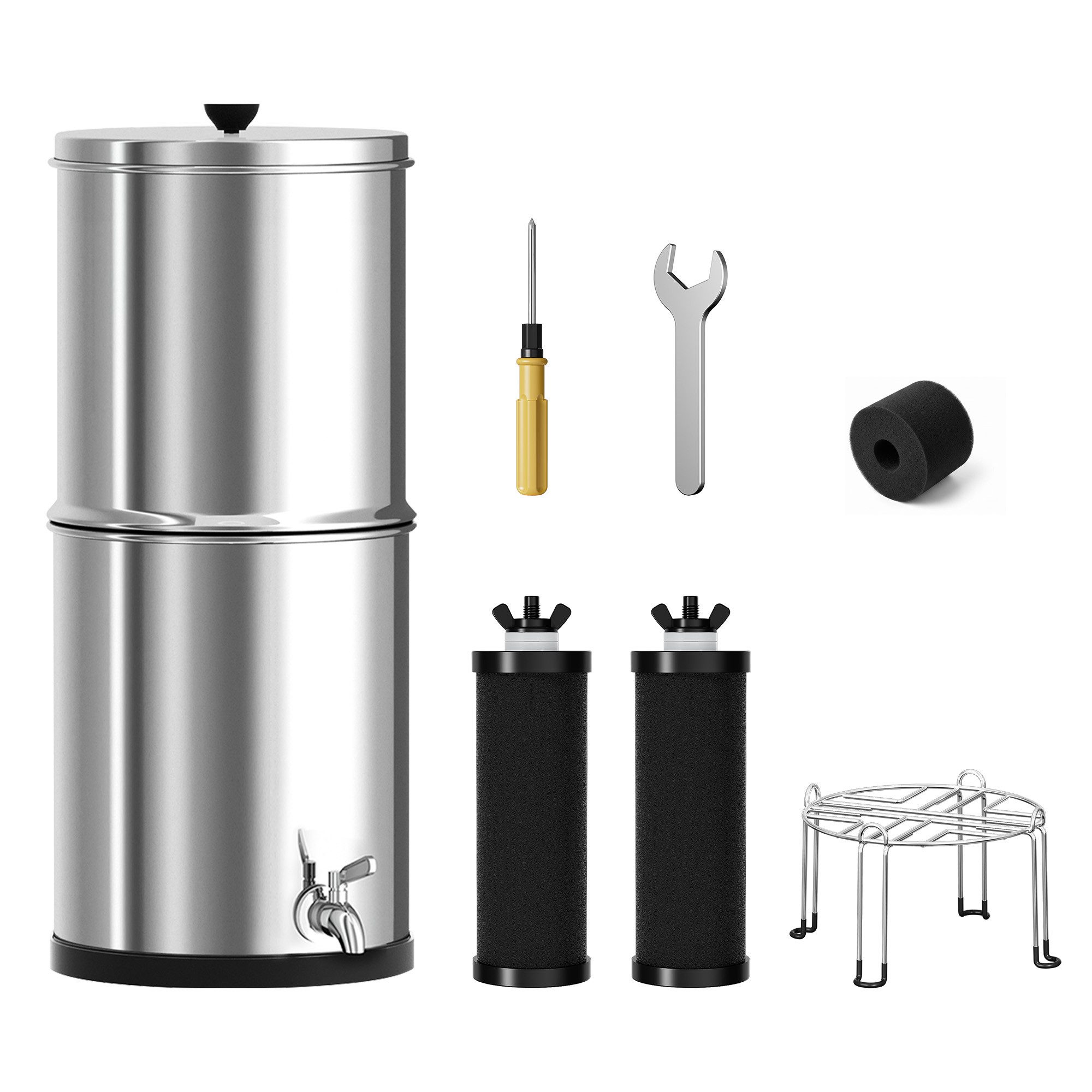 Sinaopus Wasserfilter 2,25 Gal, Edelstahl-Schwerkraftfilter mit 2 Filterpatronen, Stromloses Filtersystem mit ca. 8,5 L Volumen für Küche & Haushalt
