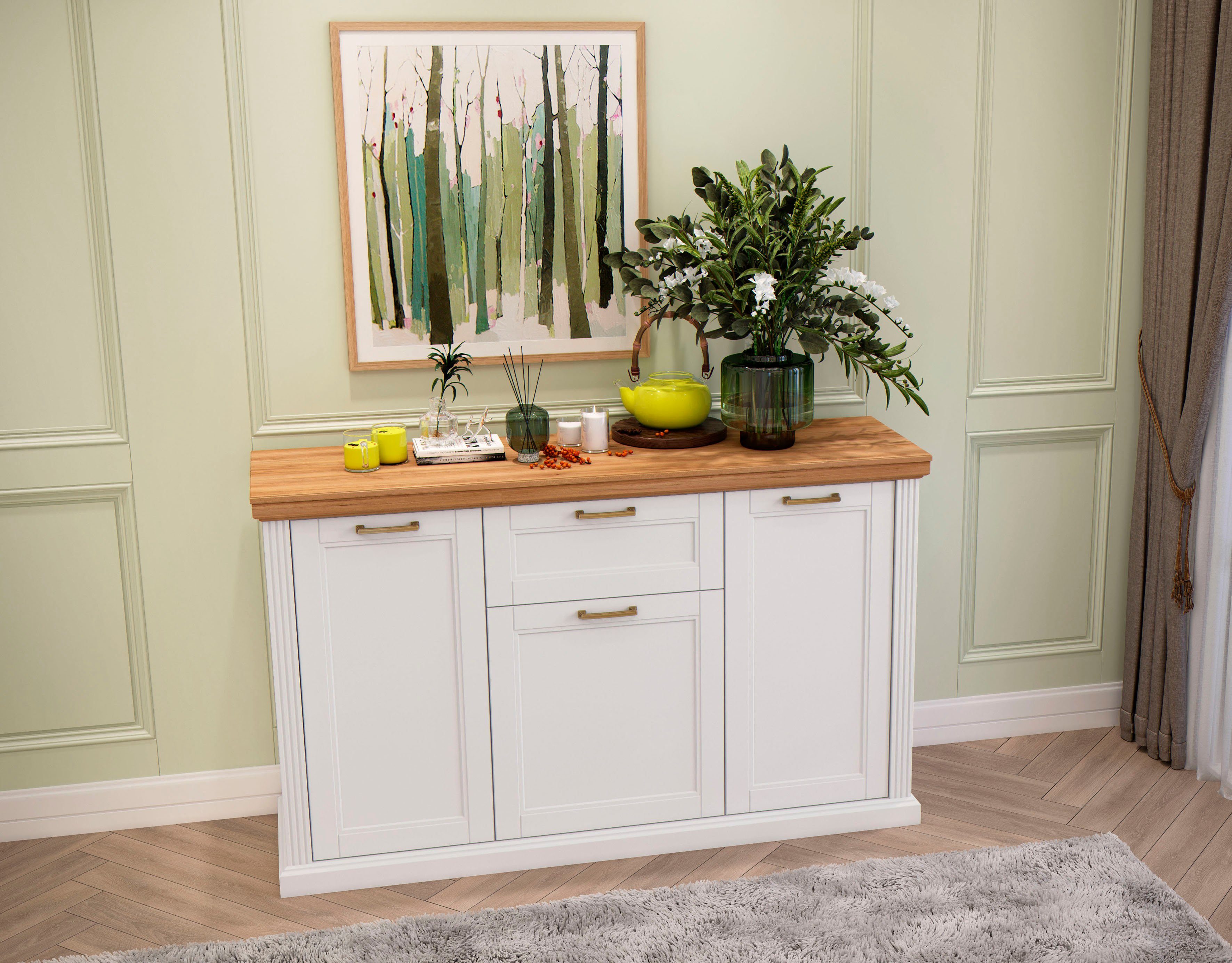 OTTO home Kombikommode Tara, im klassischen Landhausstil, FSC-zertifiziert, in 2 Größen (Soft-Close-Funktion, goldfarbene Metallgriffe, Innendekor Holzoptik), lackiert mit wasserbasiertem UV-Lack, unempfindlich und kratzfest