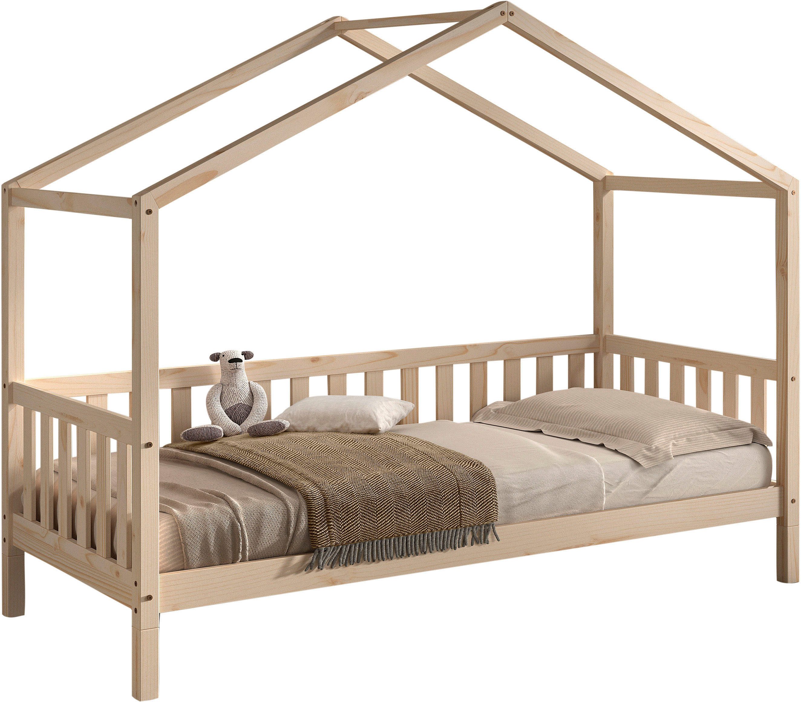 Vipack Hausbett Dallas, Massivholzbett mit Dachaufbau umbaubar vom Boden- zum Daybett (inkl. Rolllattenrost und Sprossenumrandung, 90 oder 140x200 cm breit), stabil und standfest gebaut, wahlweise Kiefer massiv natur oder weiß