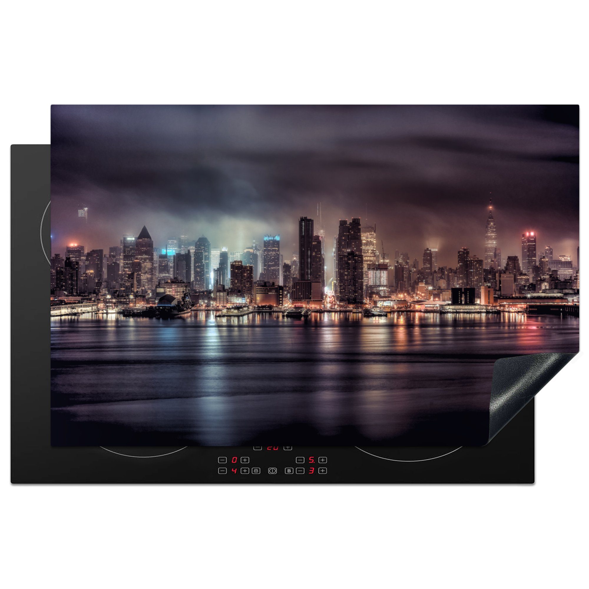 MuchoWow Herdblende-/Abdeckplatte Die Skyline von New York bei Nacht, Vinyl, (1 tlg), 81x52 cm, Induktionskochfeld Schutz für die küche, Ceranfeldabdeckung