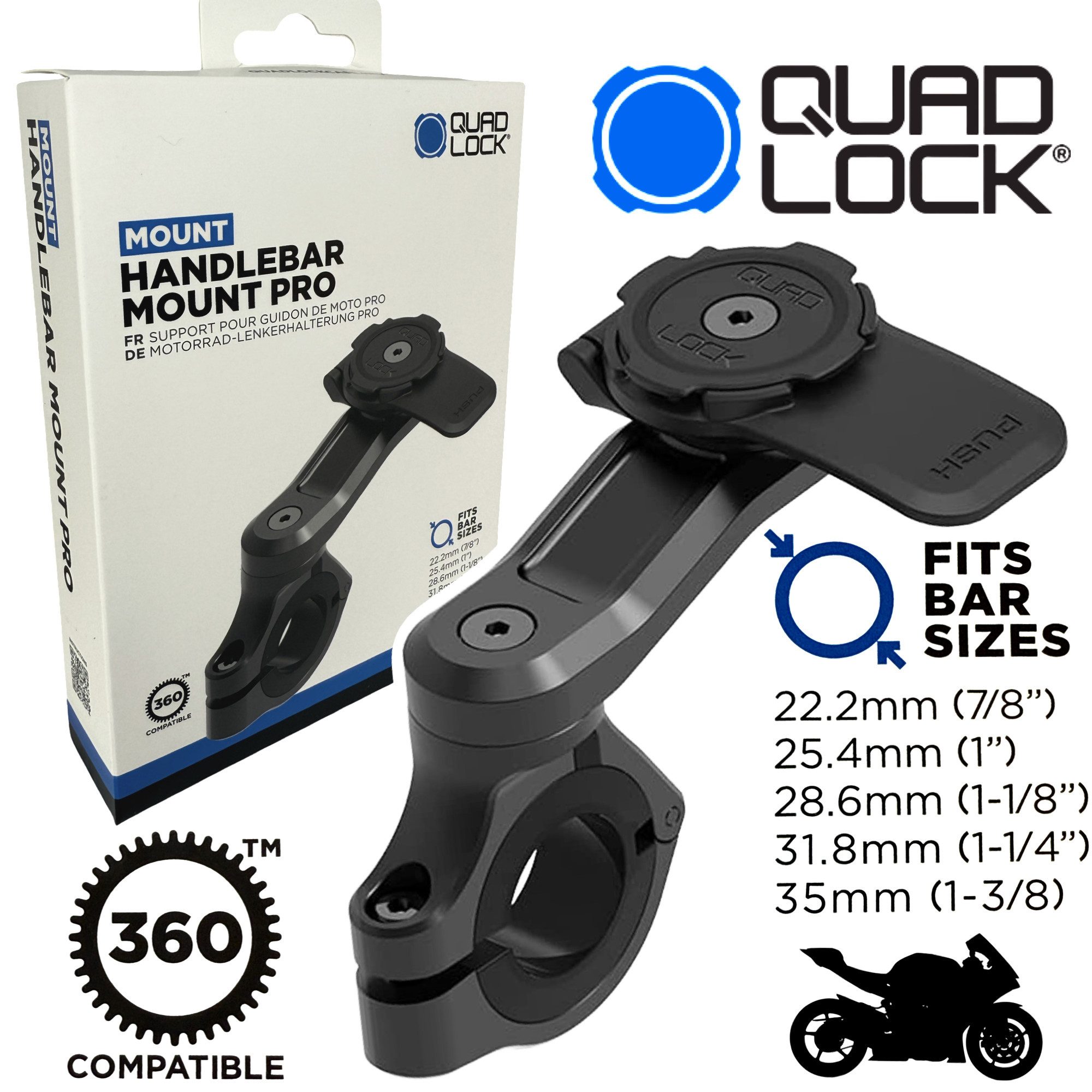 Quad Lock Handy-Halterung QUAD LOCK Motorrad Lenkerhalterung PRO für Handy Smartphone schwarz
