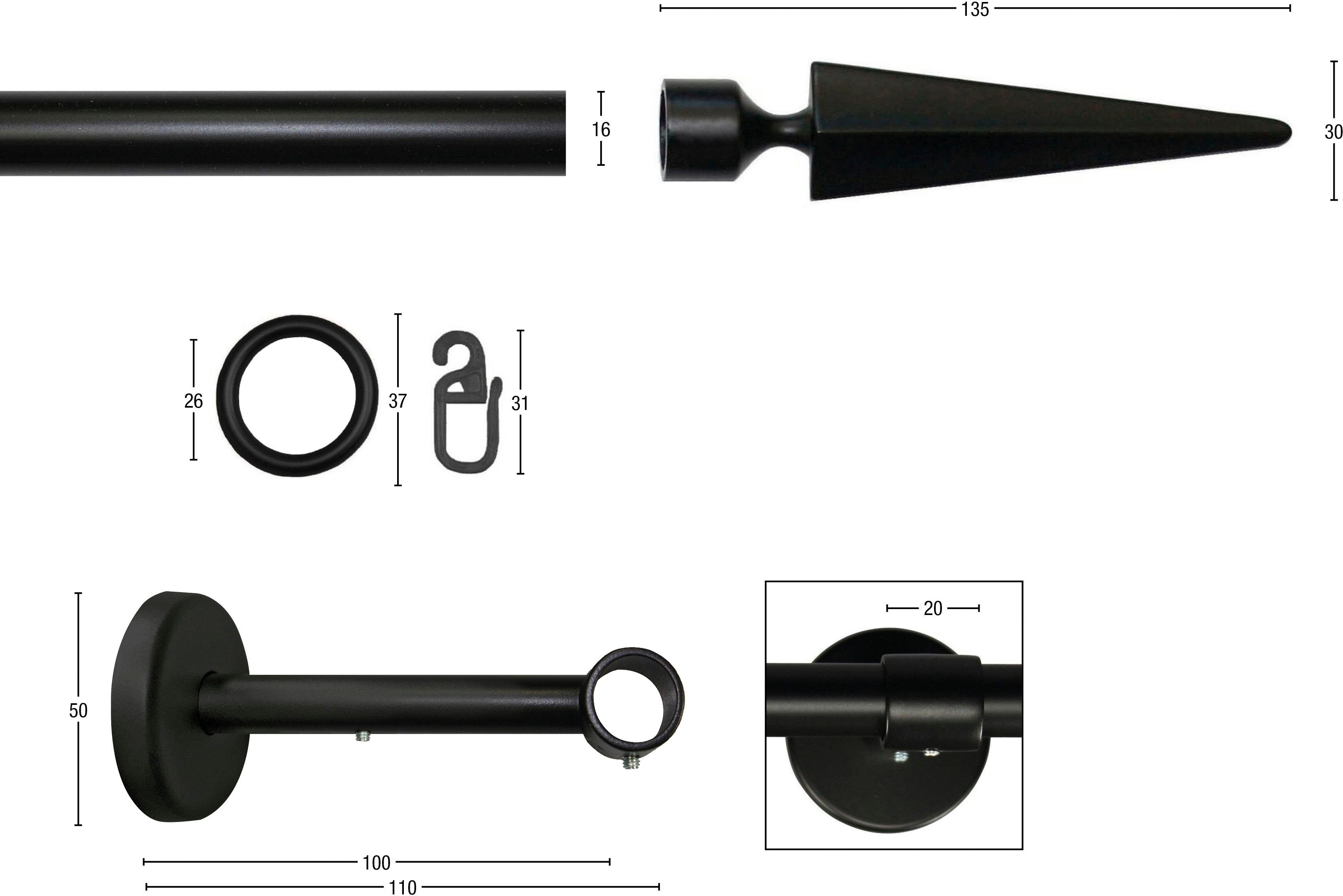 GARESA Gardinenstange RUSTIKA, Ø 16 mm, 1-läufig, Wunschmaßlänge, verschraubt, Metall, rustikale Vorhanggarnitur, verlängerbar, m. Ringe, Endknopf Speer